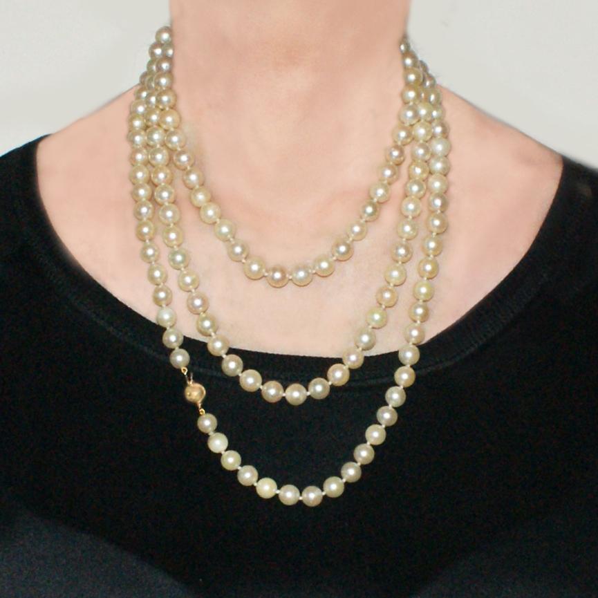 Long 1960s Pearl Sautoir Necklace with 9ct Gold Ball Clasp (1 of 14)