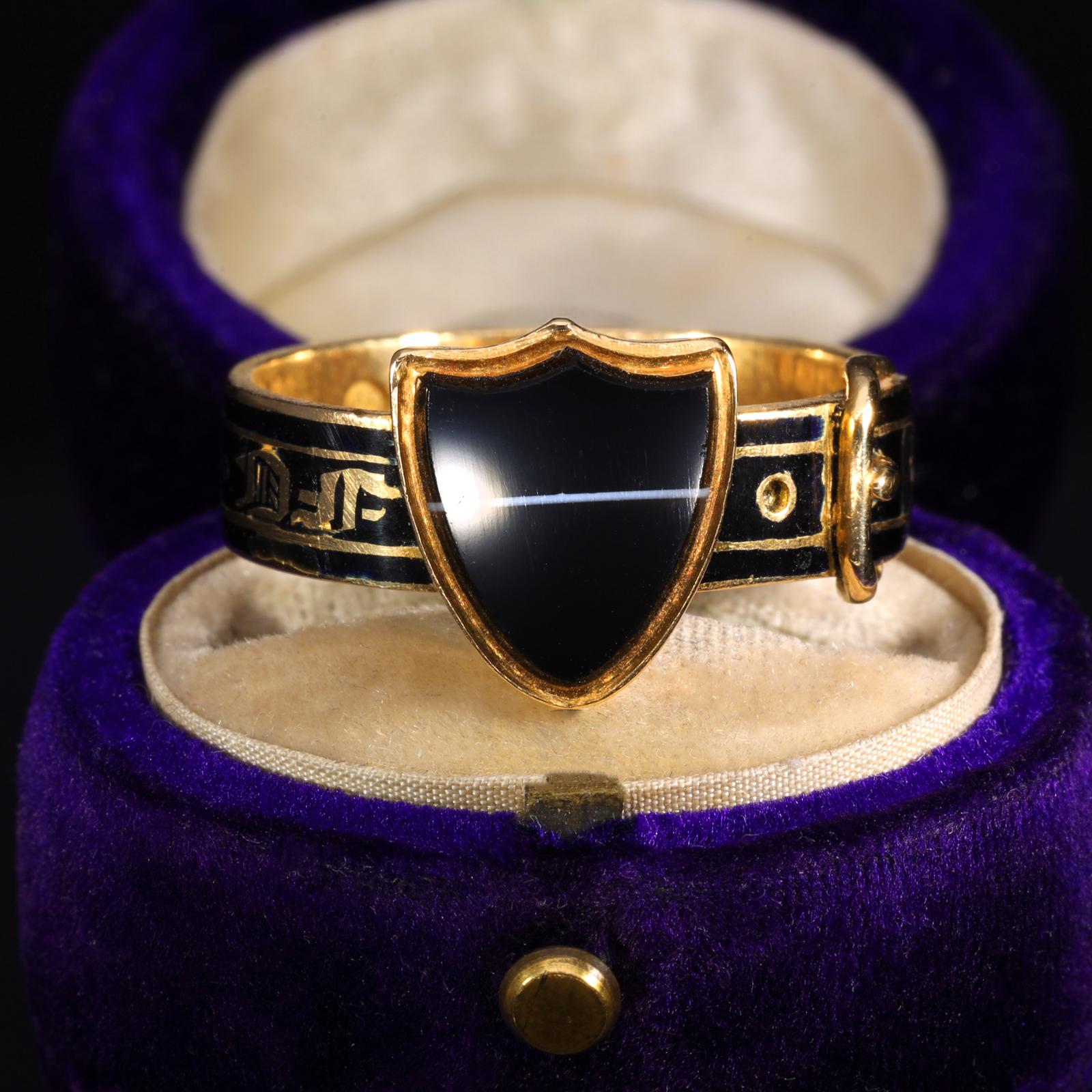 The Antique Victorian 1867 Banded Onyx Buckle Mourning Ring (1 of 9)