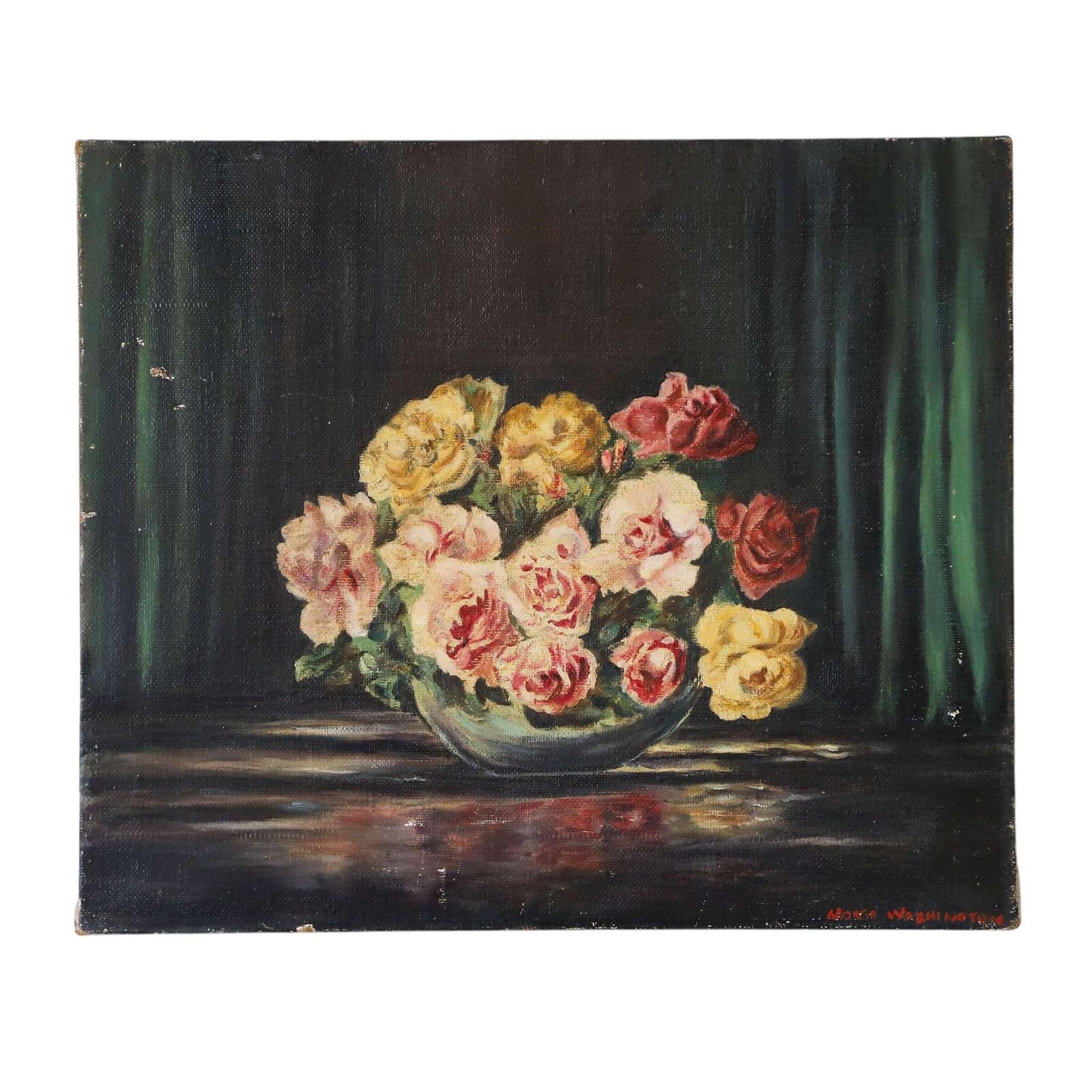 Charming Still Life Oil on Canvas Painting ‘Bowl of Roses’ 1962 (1 of 9)
