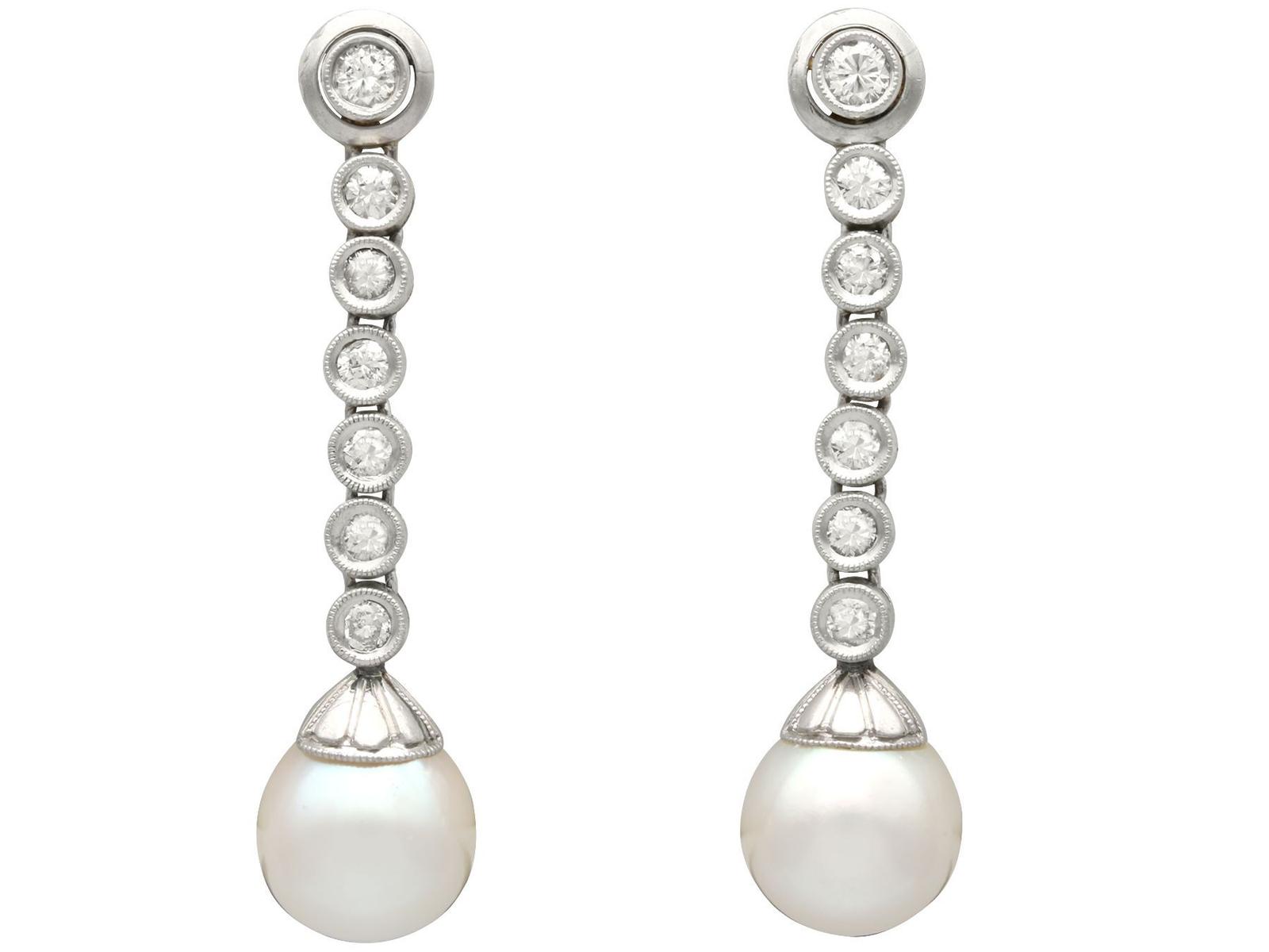 Vintage 1.10ct Diamond & Cultured Pearl, Platinum & 9ct White Gold Drop Earrings c.1950 (1 of 10)