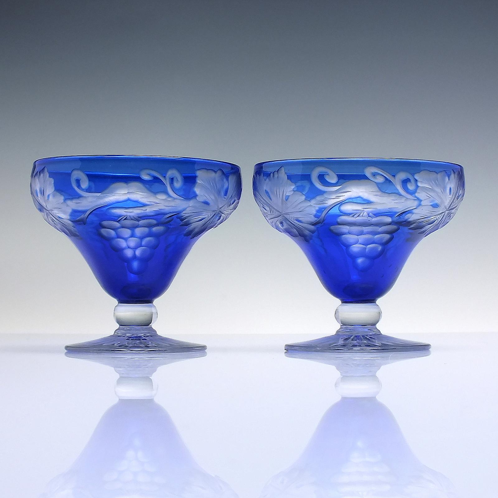 Pair Antique Bohemian Blue Engraved Glass Sundae Dishes C1920 (1 of 3)