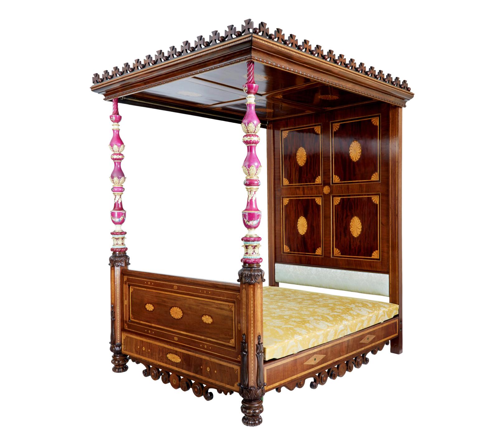 Rare 19th Century Mahogany & Porcelain 4 Poster Bed (1 of 27)