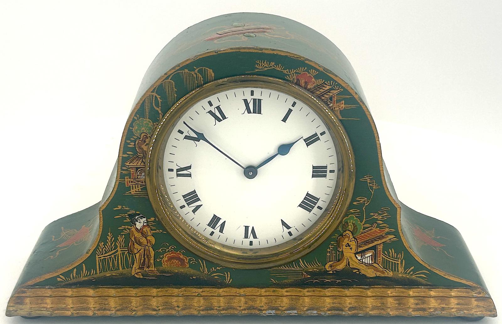 Fine Green Antique Hand Painted Chinoiserie Mantel Clock c.1900 (1 of 8)