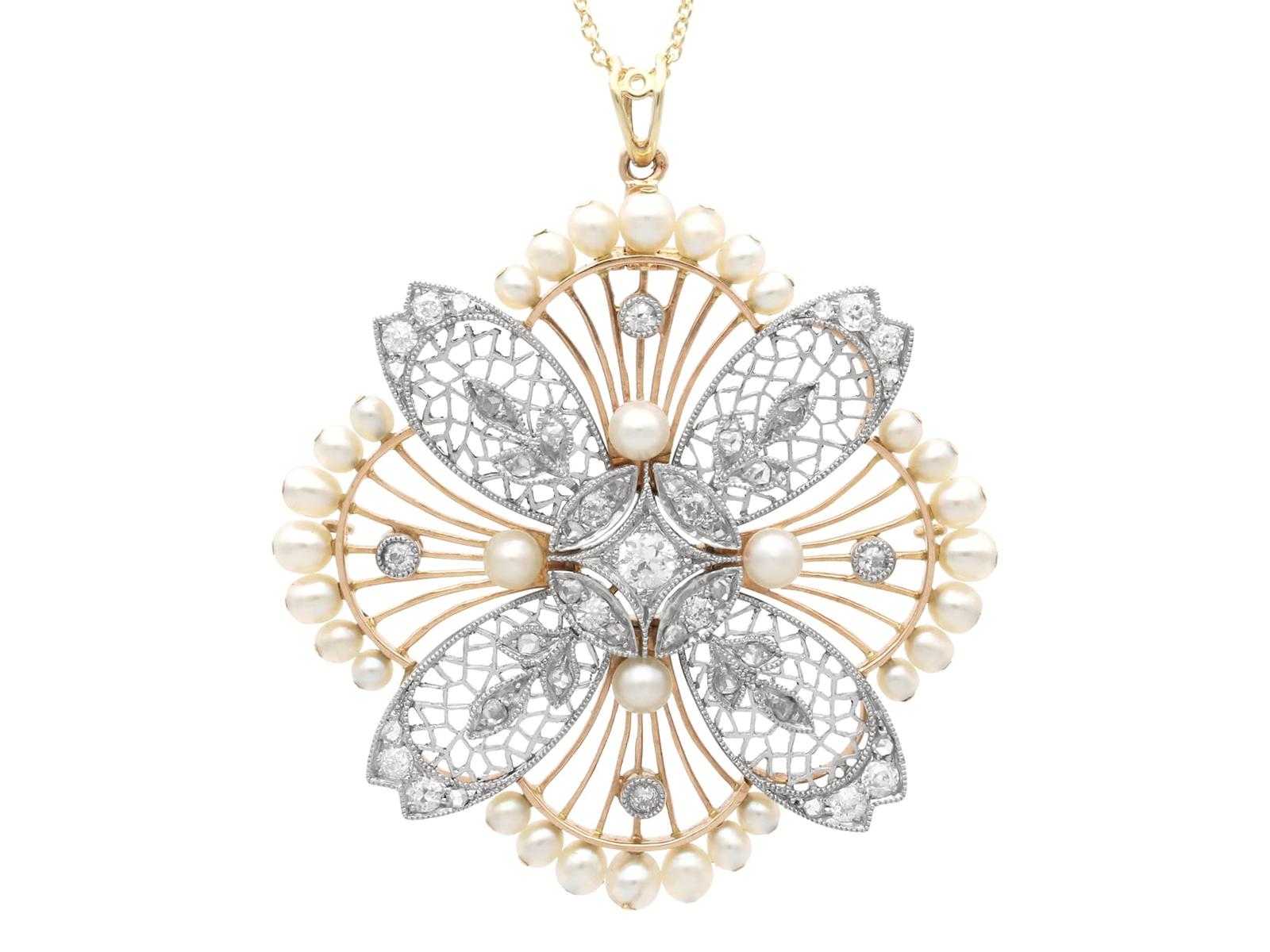 Antique Pearl & 0.77ct Diamond, 9ct Rose Gold Pendant / Brooch c.1910 (1 of 19)