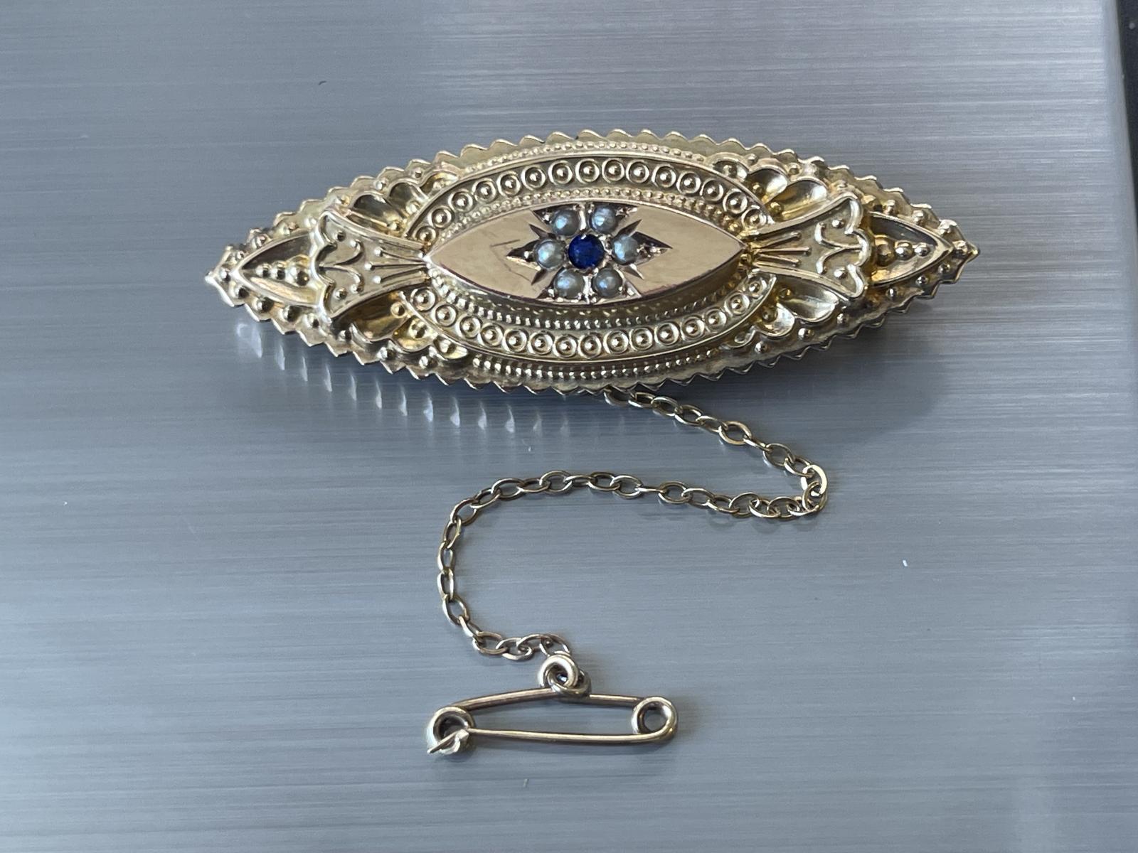 Antique Victorian 9ct Rose Gold Brooch Sapphire Pearls Safety Pin (1 of 5)
