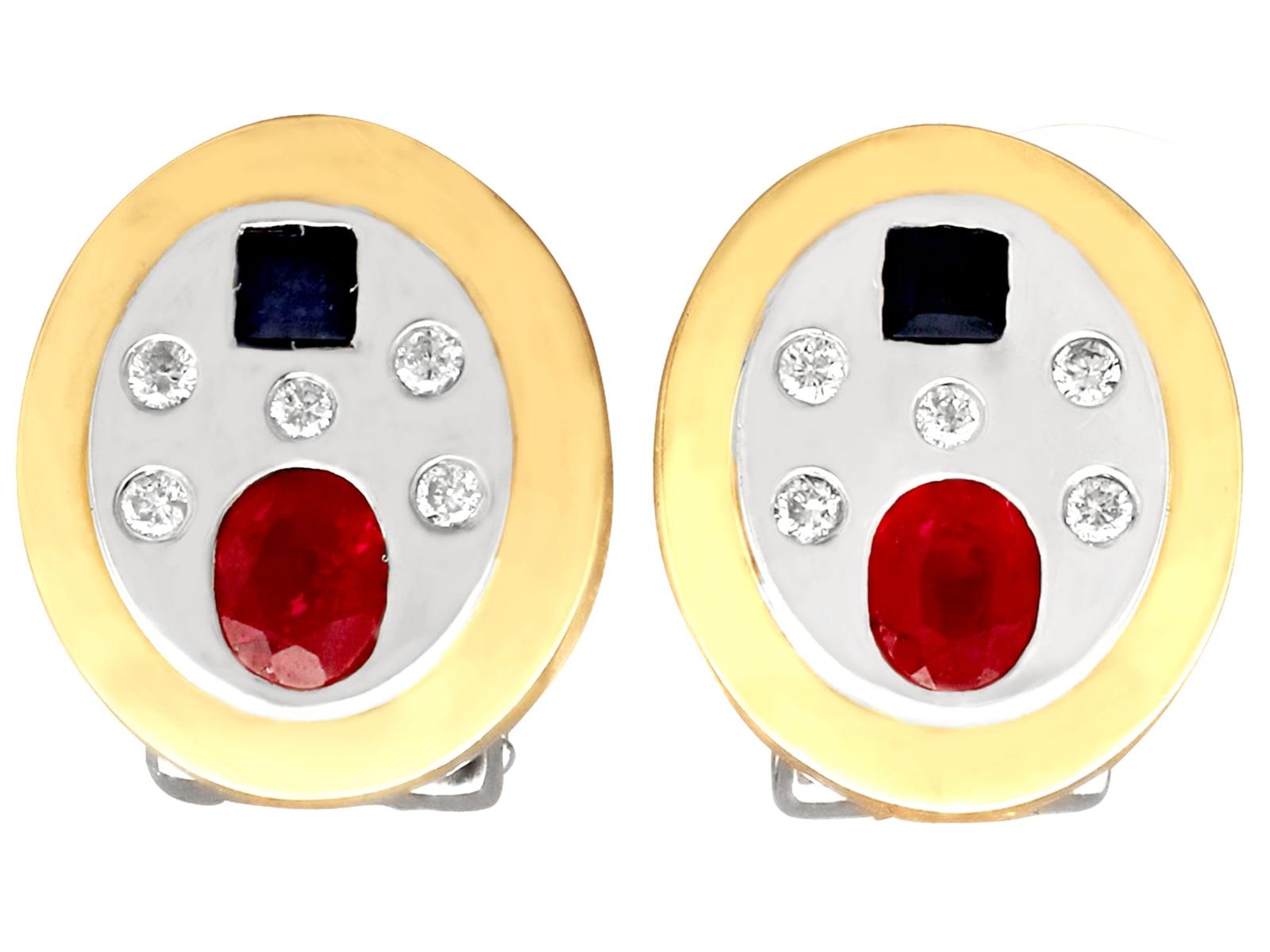 Vintage 0.95ct Ruby & 0.41ct Sapphire, 0.20ct Diamond & 14ct Yellow Gold Earrings (1 of 9)