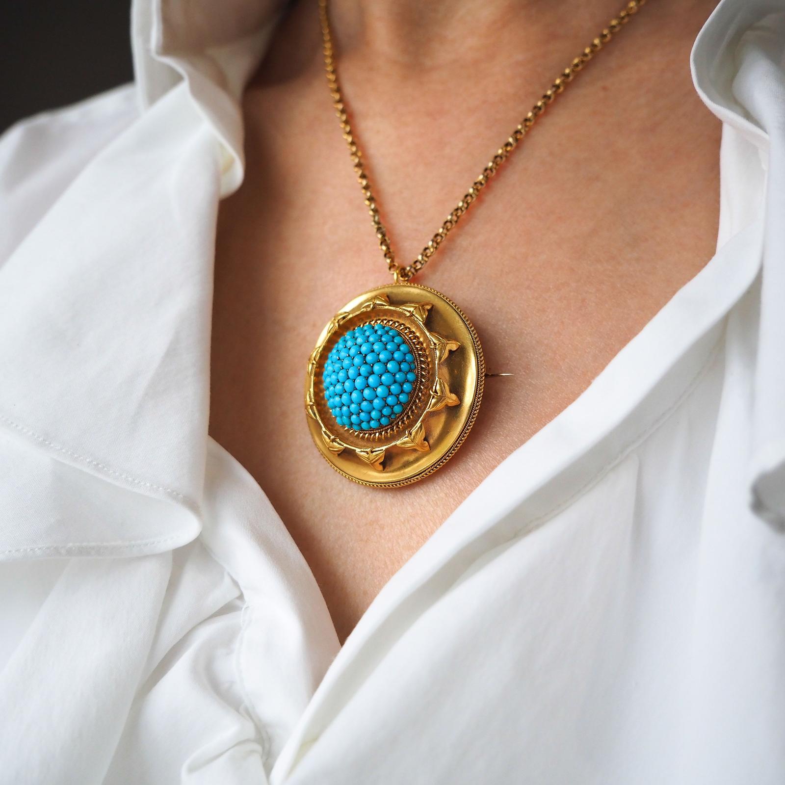 Antique Victorian Turquoise Pendant Necklace / Brooch 18ct Gold Etruscan Revival Design c.1880 (1 of 20)