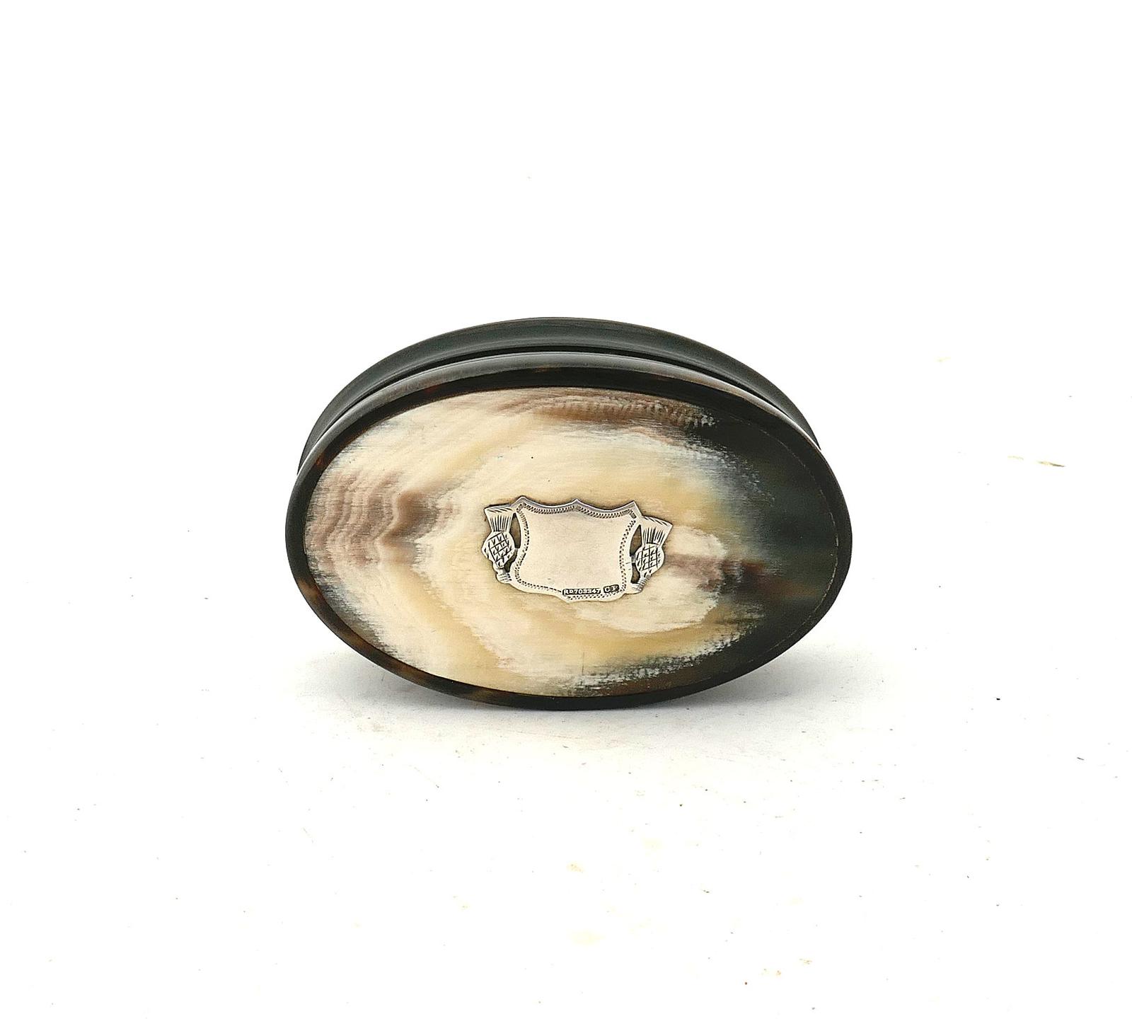 Antique 19th Century Oval Horn Snuff Box with Silver Cartouche of Thistles - Scottish (1 of 5) Antique 19th Century Oval Horn Snuff Box with Silver Cartouche of Thistles - Scottish (1 of 5)