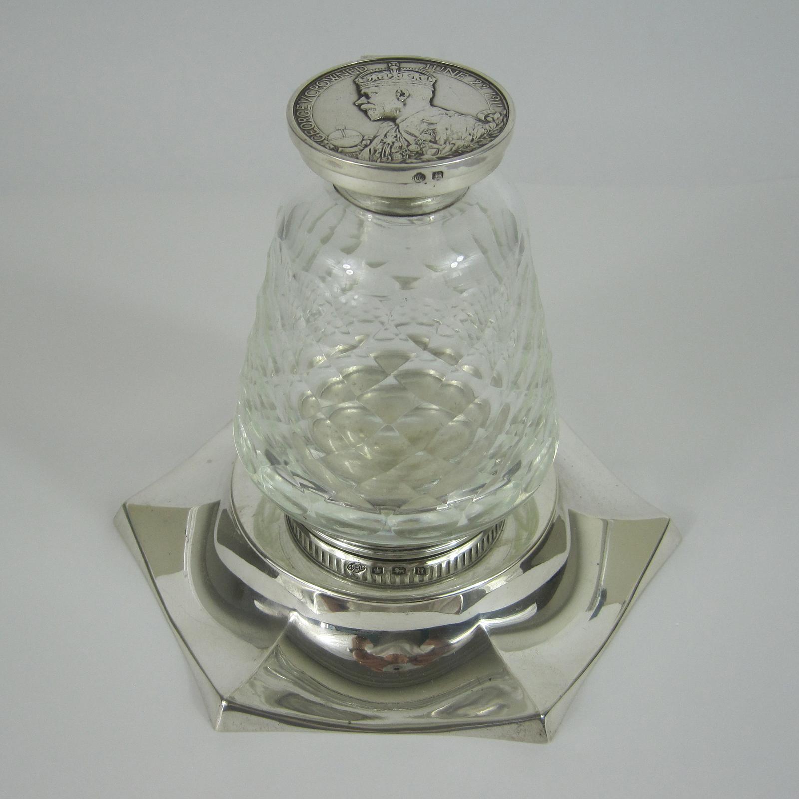 Silver and Cut Glass Inkstand with Two Commemorative Silver Coins (1 of 8)