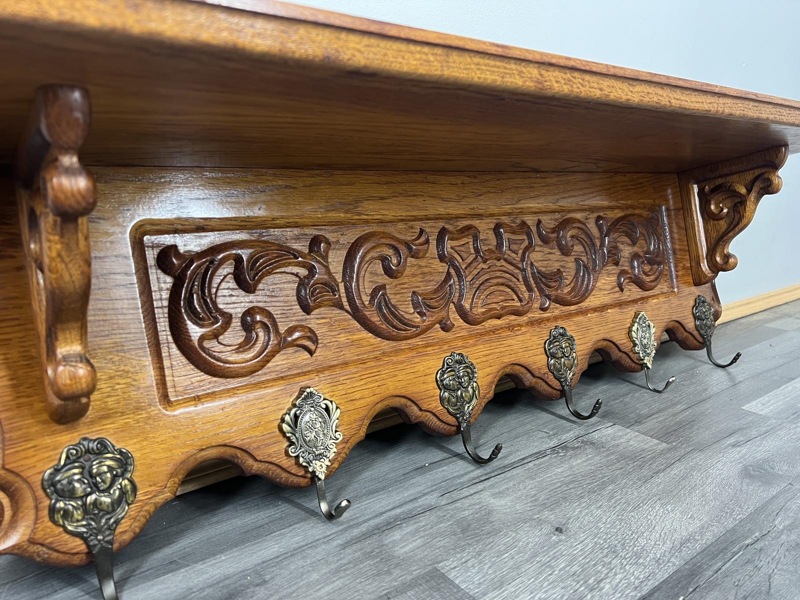 French Vintage Coat Rack Oak 6 Hooks Wall Shelf Carved Coat Hanger (1 of 9)