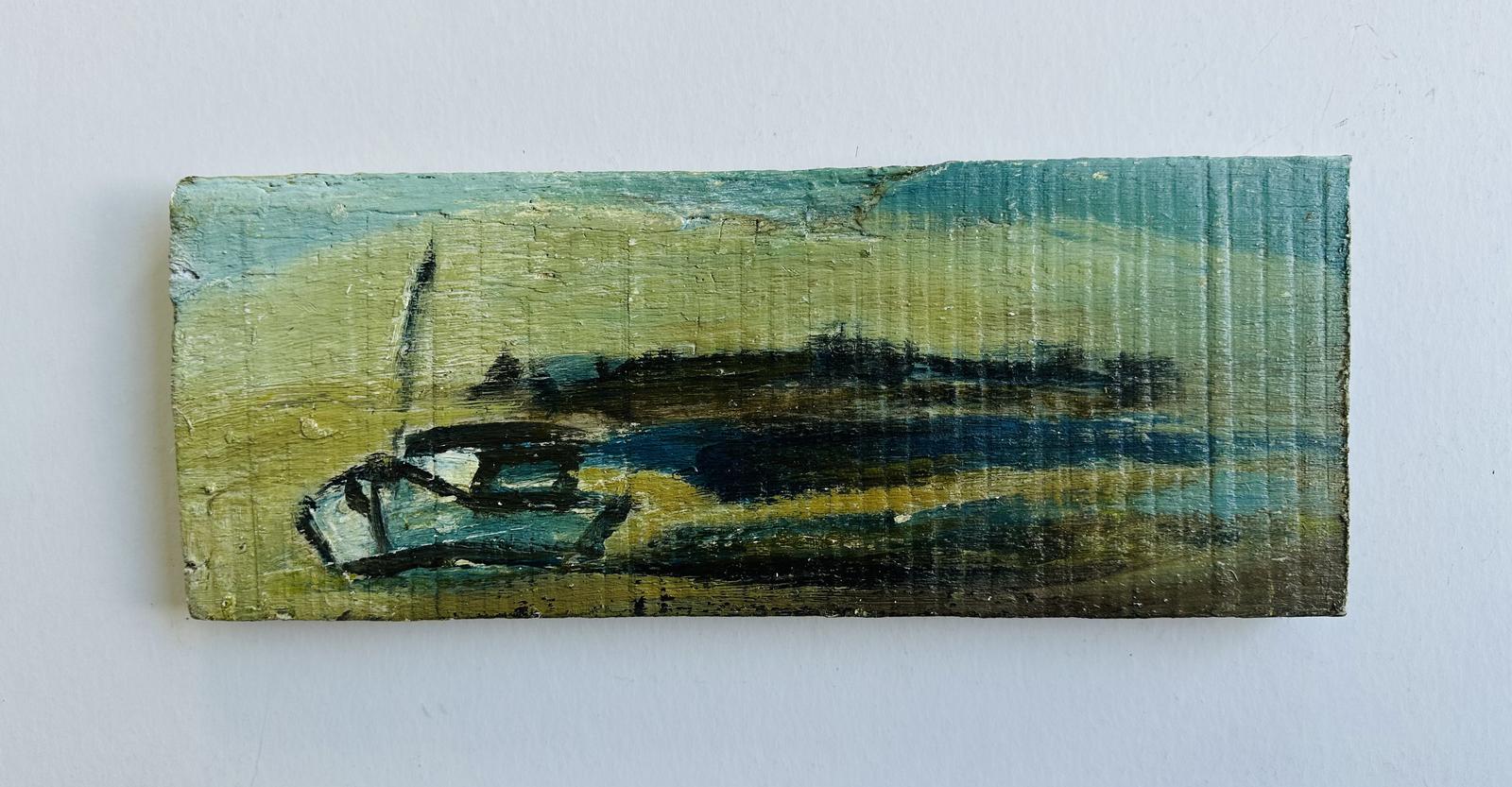 Original Oil on Driftwood 'Boat & Coastline' by Doreen Heaton - Provenance; The Artists Studio (1 of 2)