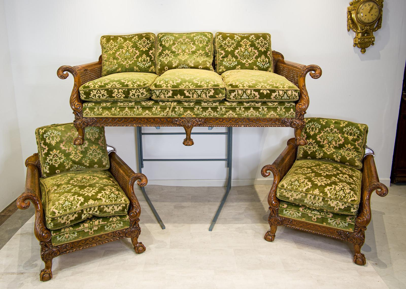 Exceptional Antique Carved Mahogany Bergère Suite - Settee & Two Armchairs c.1900 (Damaged Cane) (1 of 12)