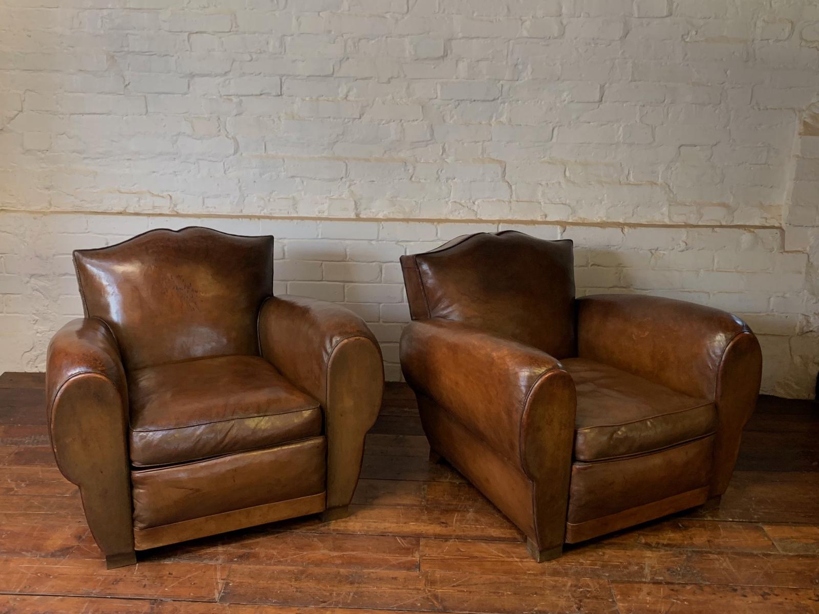 First Class Pair of French Leather Club Chairs, Havana Moustache Models c.1930 (1 of 15) First Class Pair of French Leather Club Chairs, Havana Moustache Models c.1930 (1 of 15)