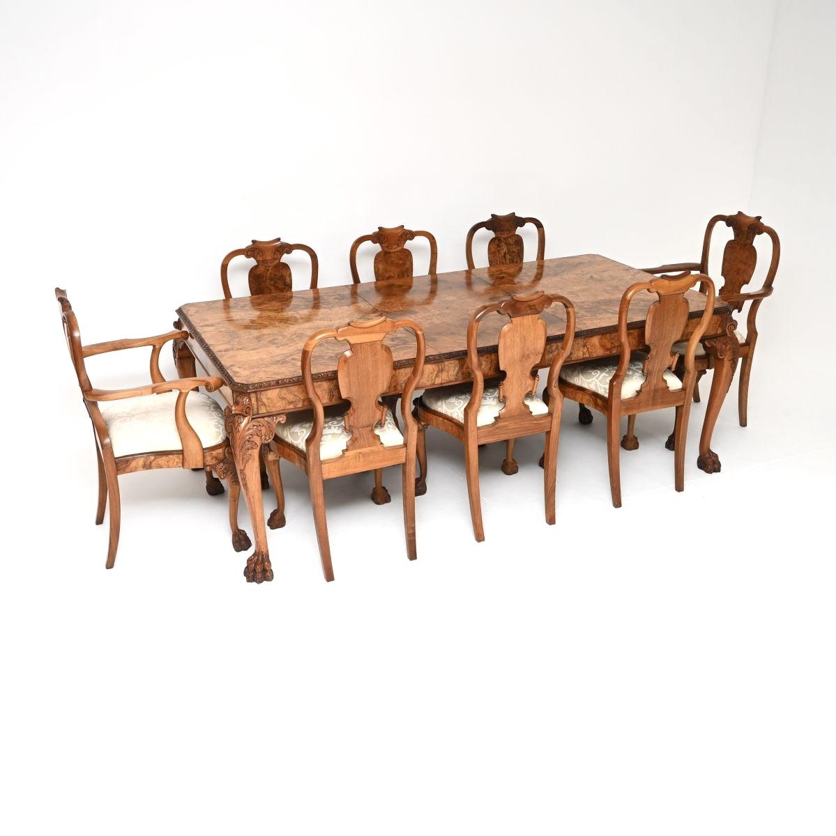 Antique Burr Walnut Queen Anne Style Dining Table and Eight Chairs (1 of 10) Antique Burr Walnut Queen Anne Style Dining Table and Eight Chairs (1 of 10)
