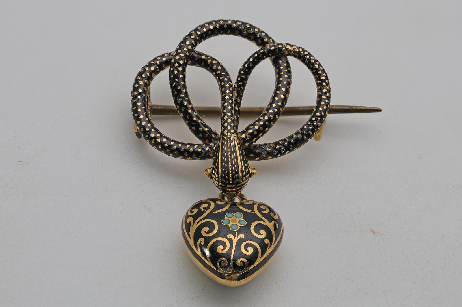 Antique Gold Snake Mourning Brooch  with Heart Drop (1 of 4)