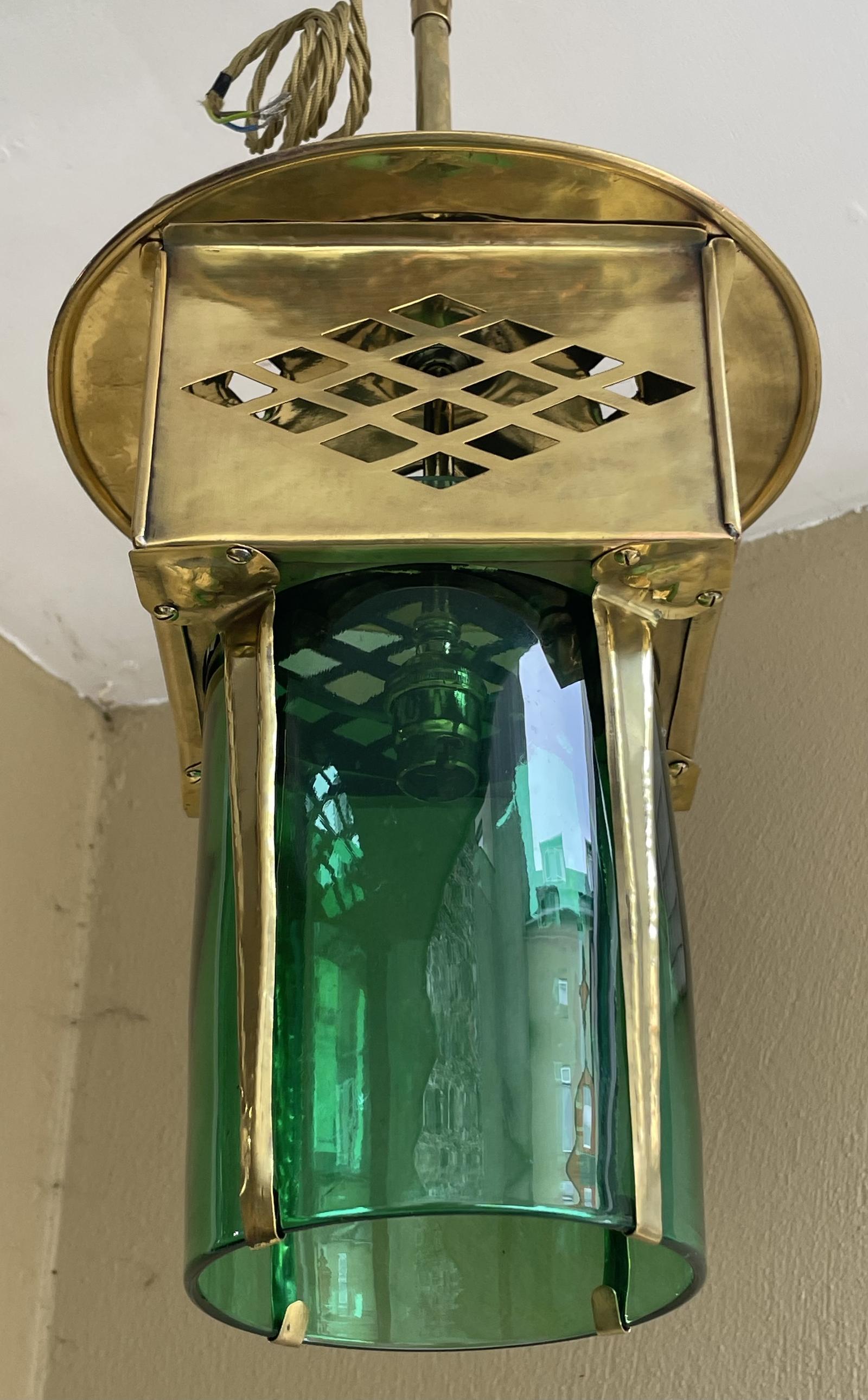 Arts & Crafts Brass Hall Lantern with Green Glass Shade (1 of 8) Arts & Crafts Brass Hall Lantern with Green Glass Shade (1 of 8)