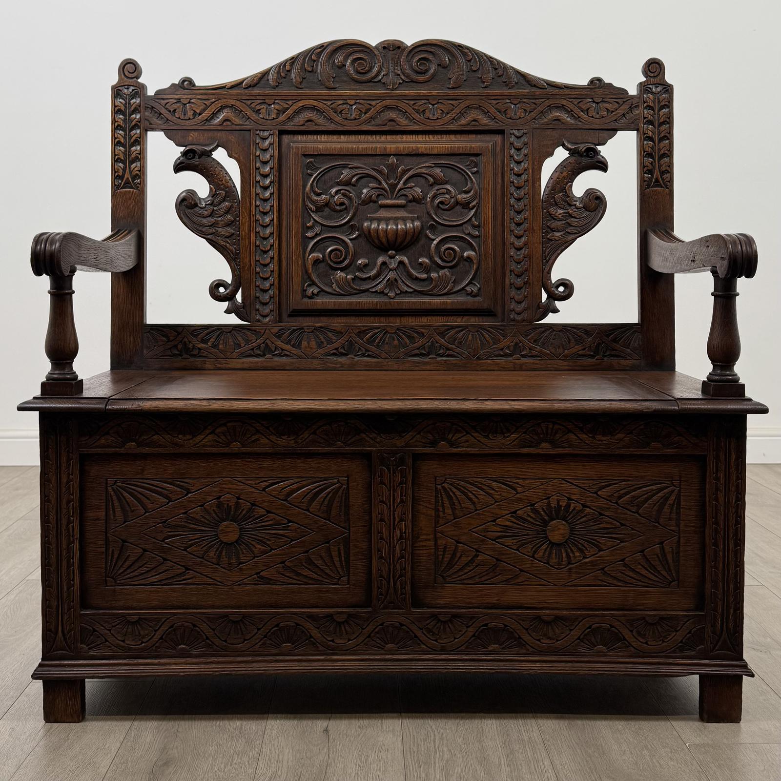 Antique 19th Century Victorian Carved Oak Settle (1 of 12) Antique 19th Century Victorian Carved Oak Settle (1 of 12)