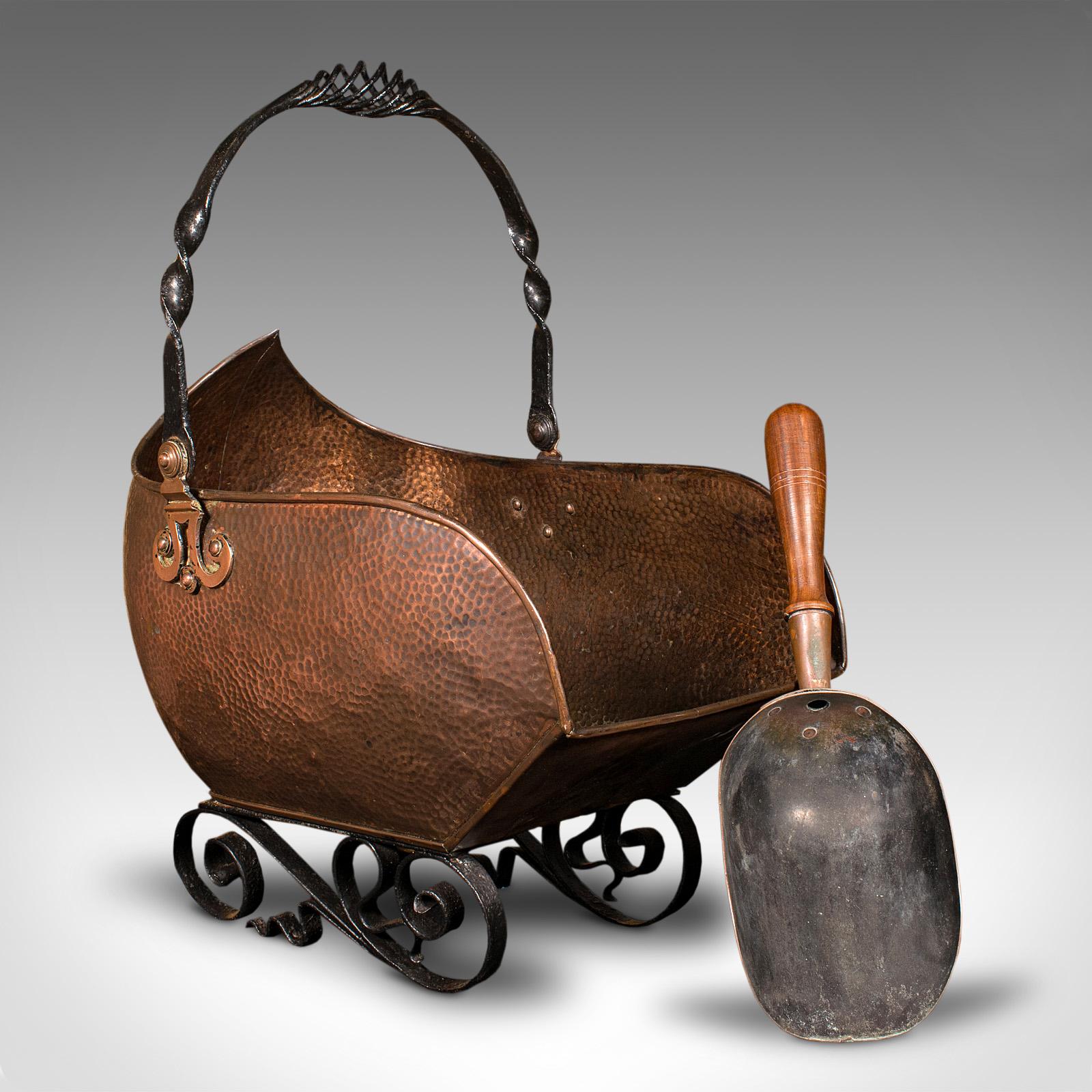 Antique Art Nouveau Coal Scuttle, English Copper, Fireside Log Bucket, Victorian (1 of 12)