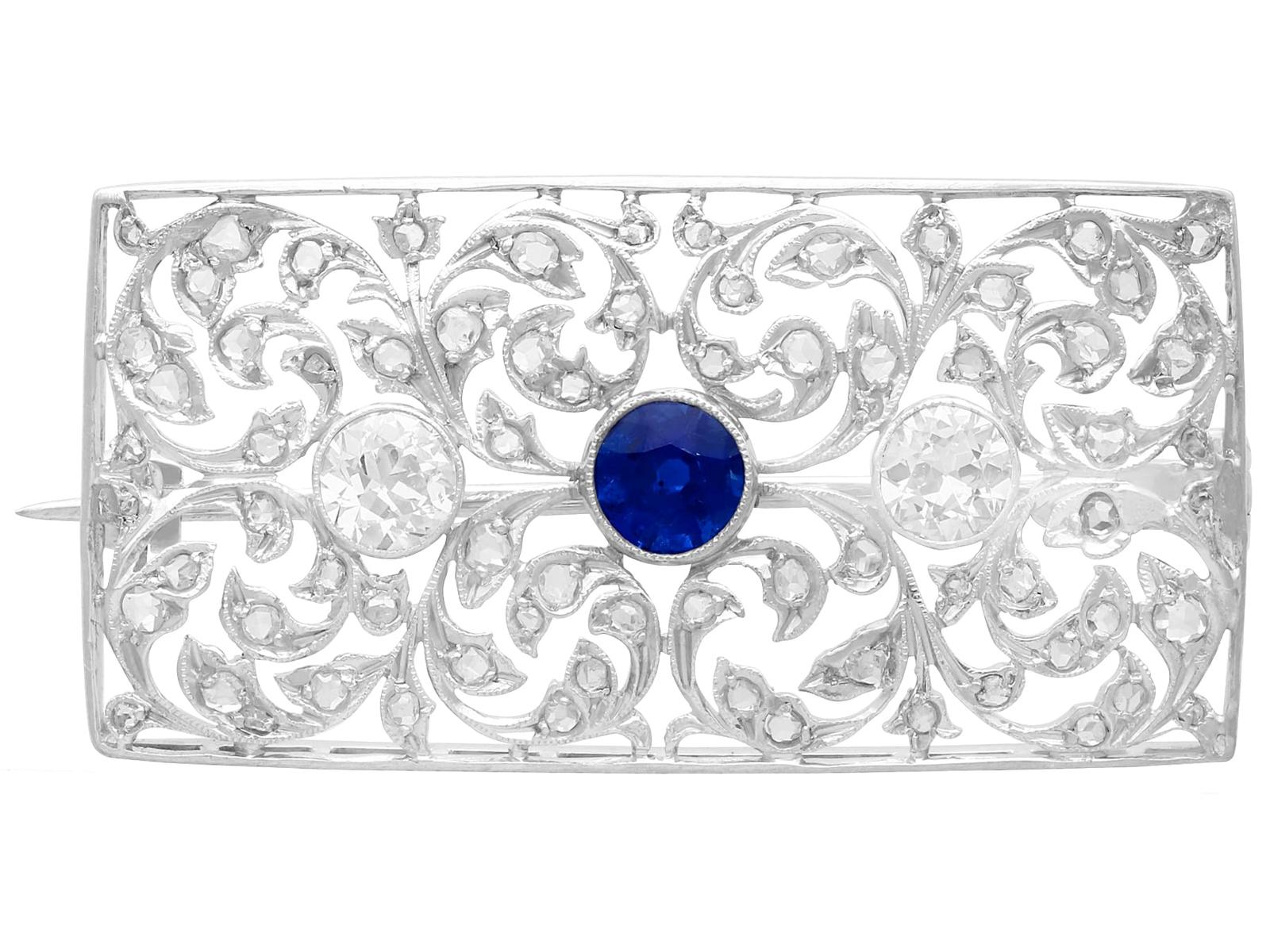 Antique 0.75ct Sapphire and 1.74ct Diamond, 18ct White Gold Brooch (1 of 9)