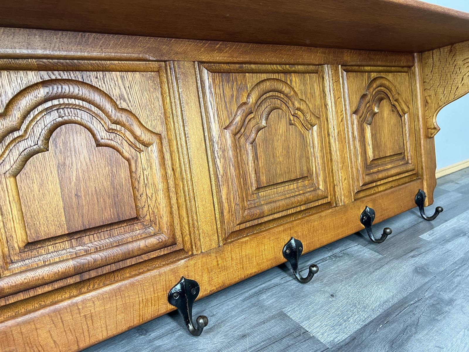 French Vintage Coat Rack Oak 5 Metal Hooks Wall Shelf Coat (1 of 9)