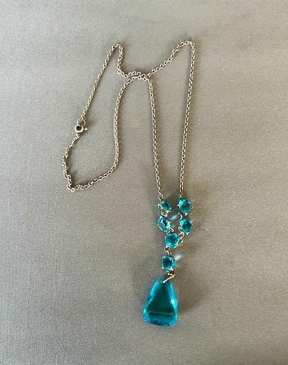 Art Deco Silver & Blue Topaz Glass Lavalier Necklace (1 of 4)