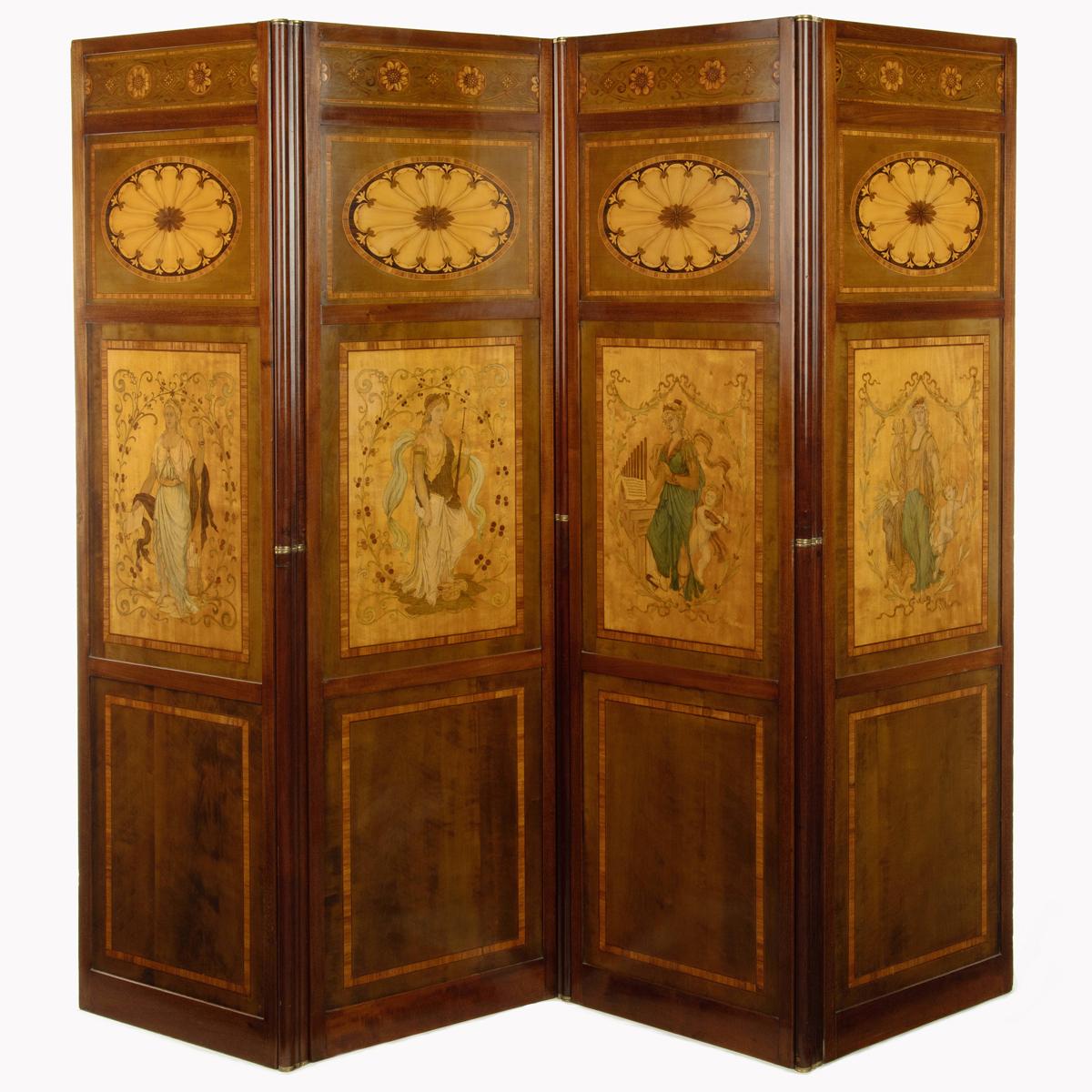 Late Victorian Inlaid Four Fold Drafts Screen - Attributed to Hicks of Dublin (1 of 7)