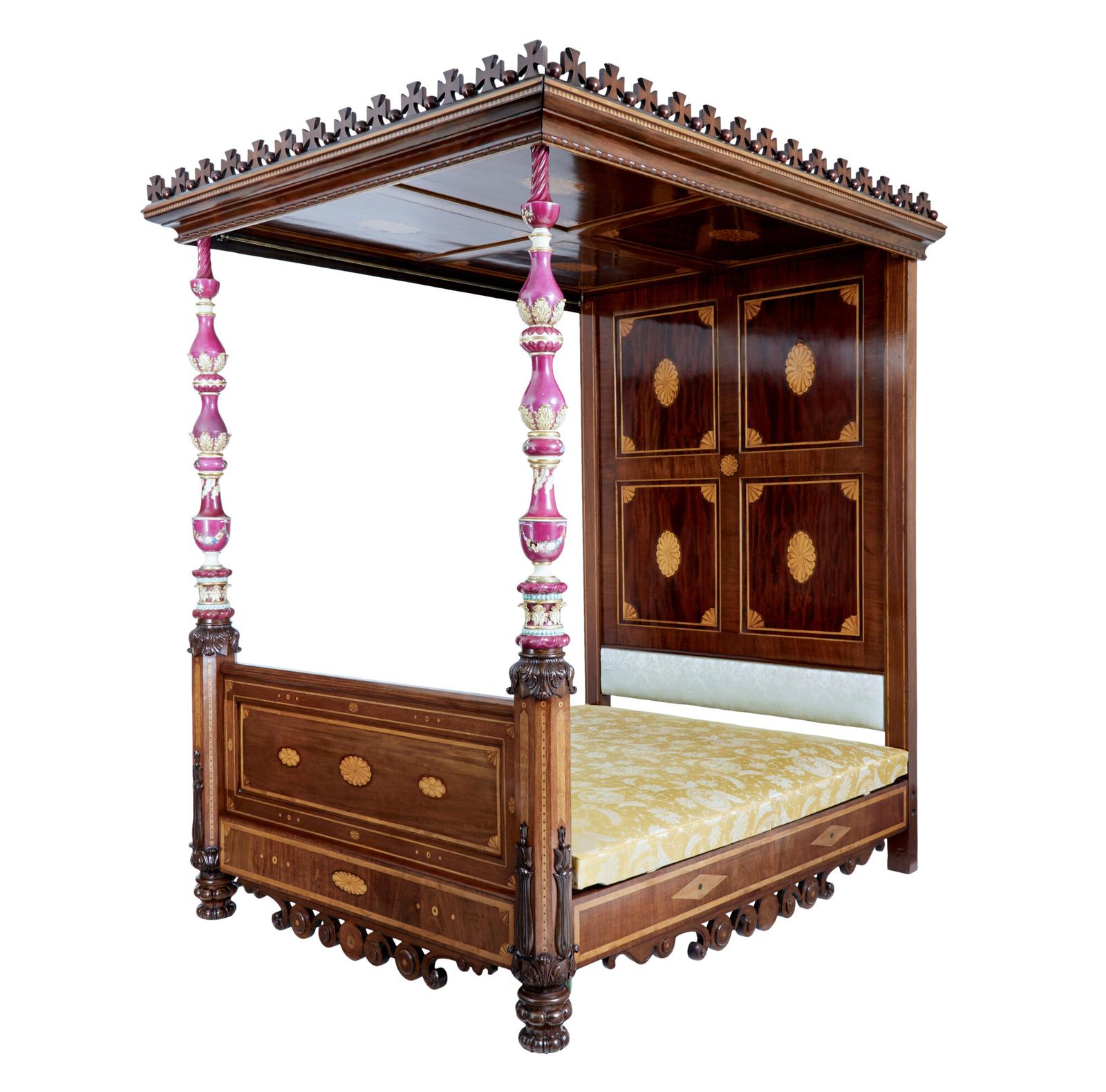 Rare 19th Century Mahogany & Porcelain 4 Poster Bed (1 of 27)