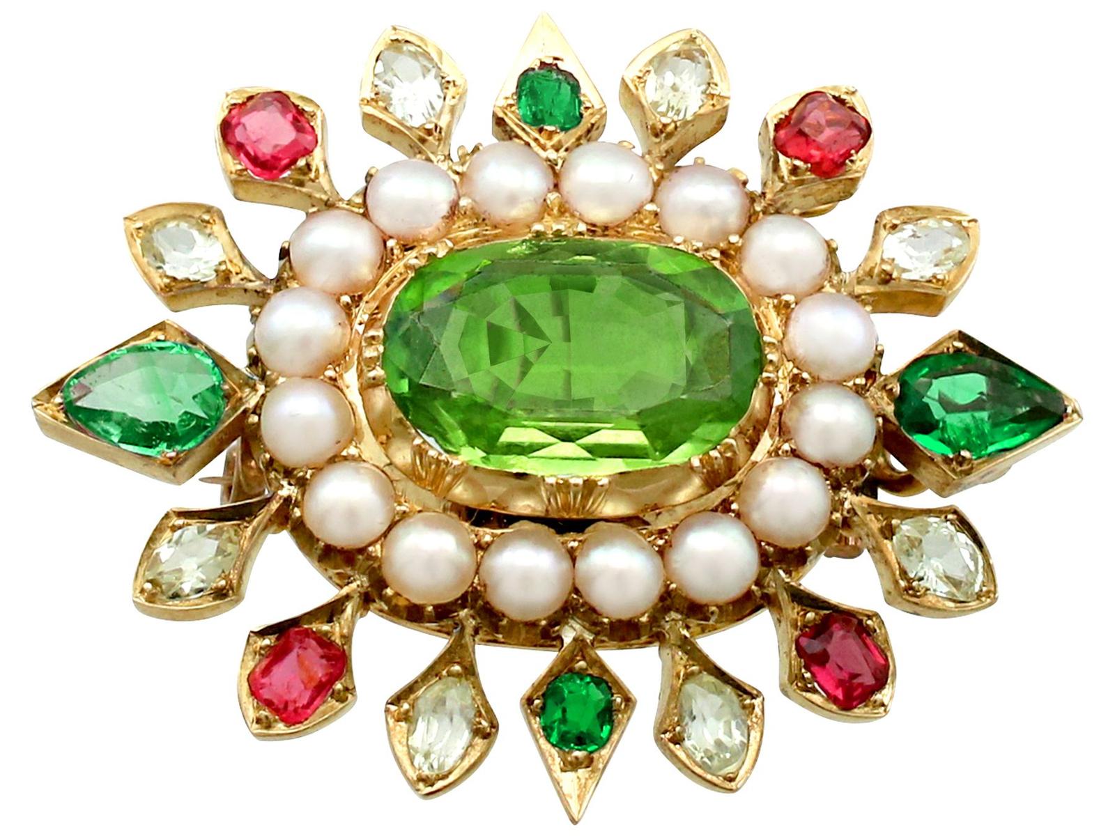 Antique Victorian 4.35ct Peridot, 2.56ct Emerald & Sapphire, Seed Pearl & 18ct Yellow Gold Pendant / Brooch (1 of 9)