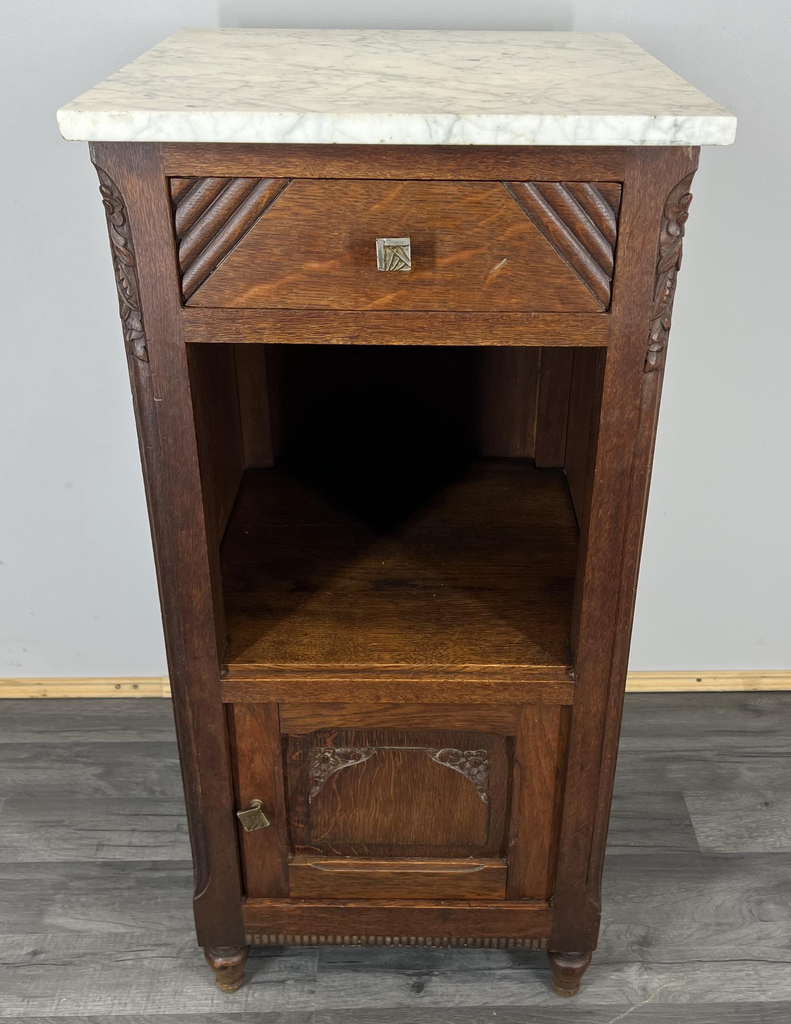 Carved French Antique Bedside Table Cupboard Cabinet with Marble Top (1 of 11)