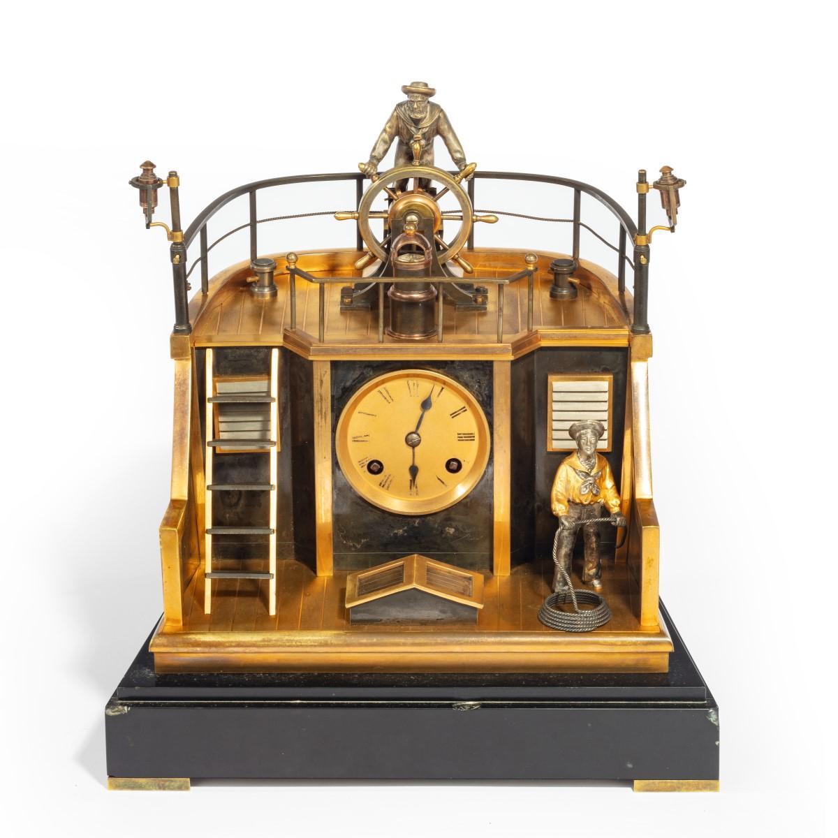 Late 19th century French gilt-brass & steel novelty ‘quarterdeck’ mantel clock by Guilmet, Paris (1 of 2)