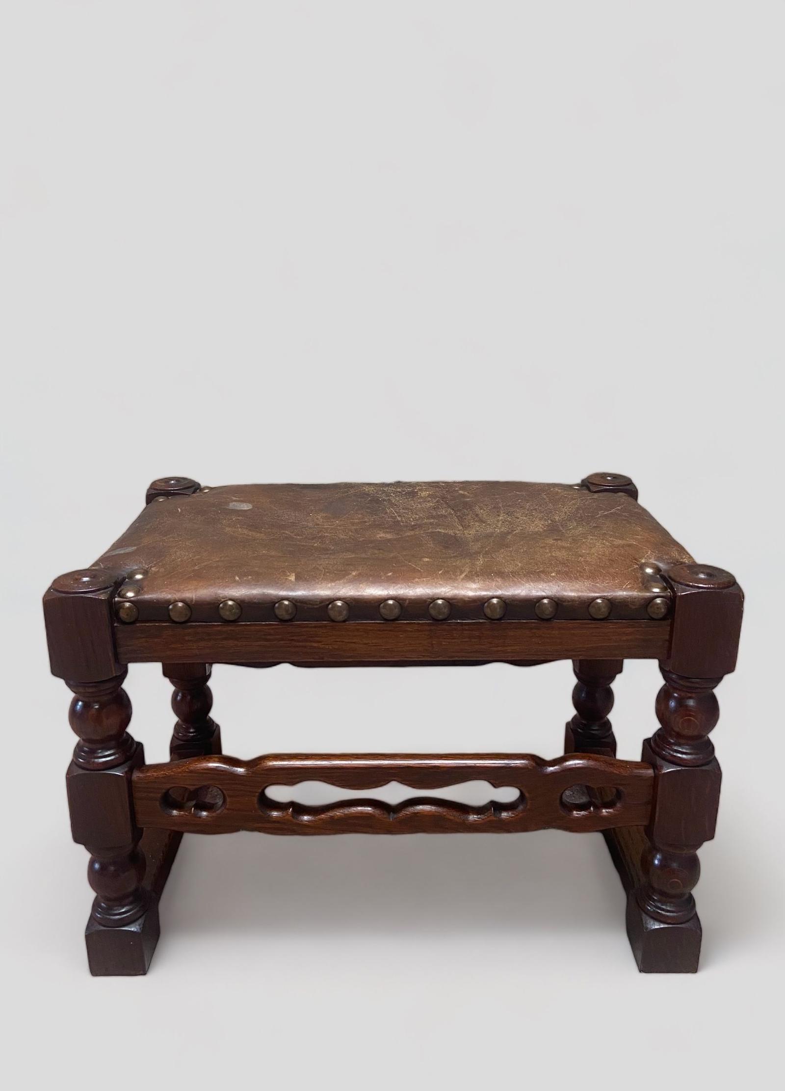 Antique Footrest Stool / Leather & Wood c.1910 (1 of 6)