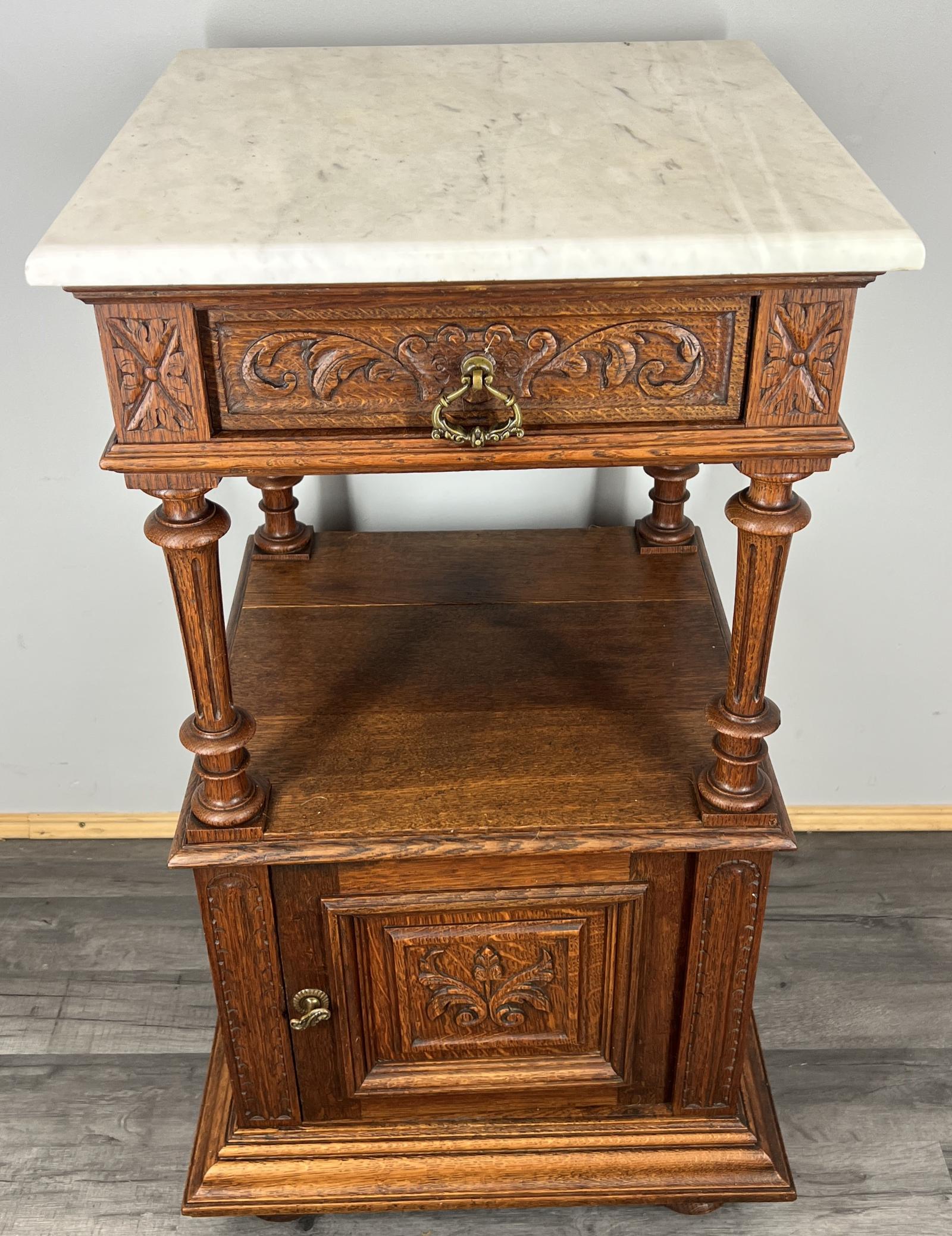 Bedside Table Antique French Oak with Marble Top Carved Cabinet (1 of 13)