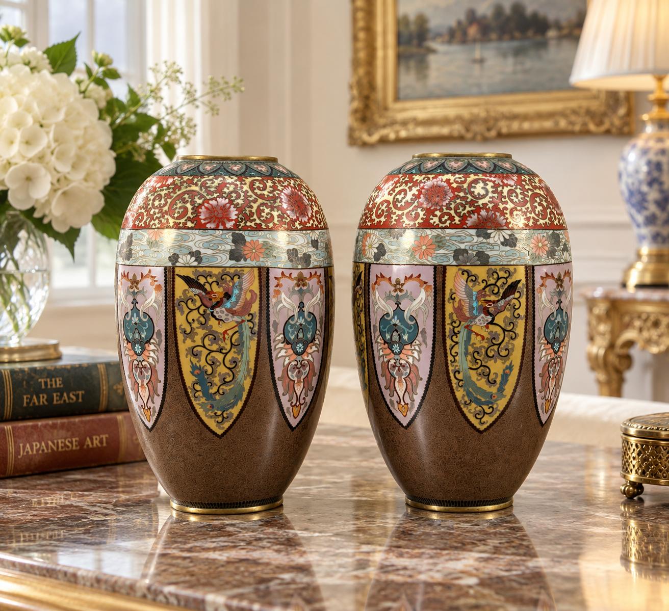 Fine Pair of Antique Japanese Meiji Cloisonné Phoenix Vases (1 of 11) Fine Pair of Antique Japanese Meiji Cloisonné Phoenix Vases (1 of 11)