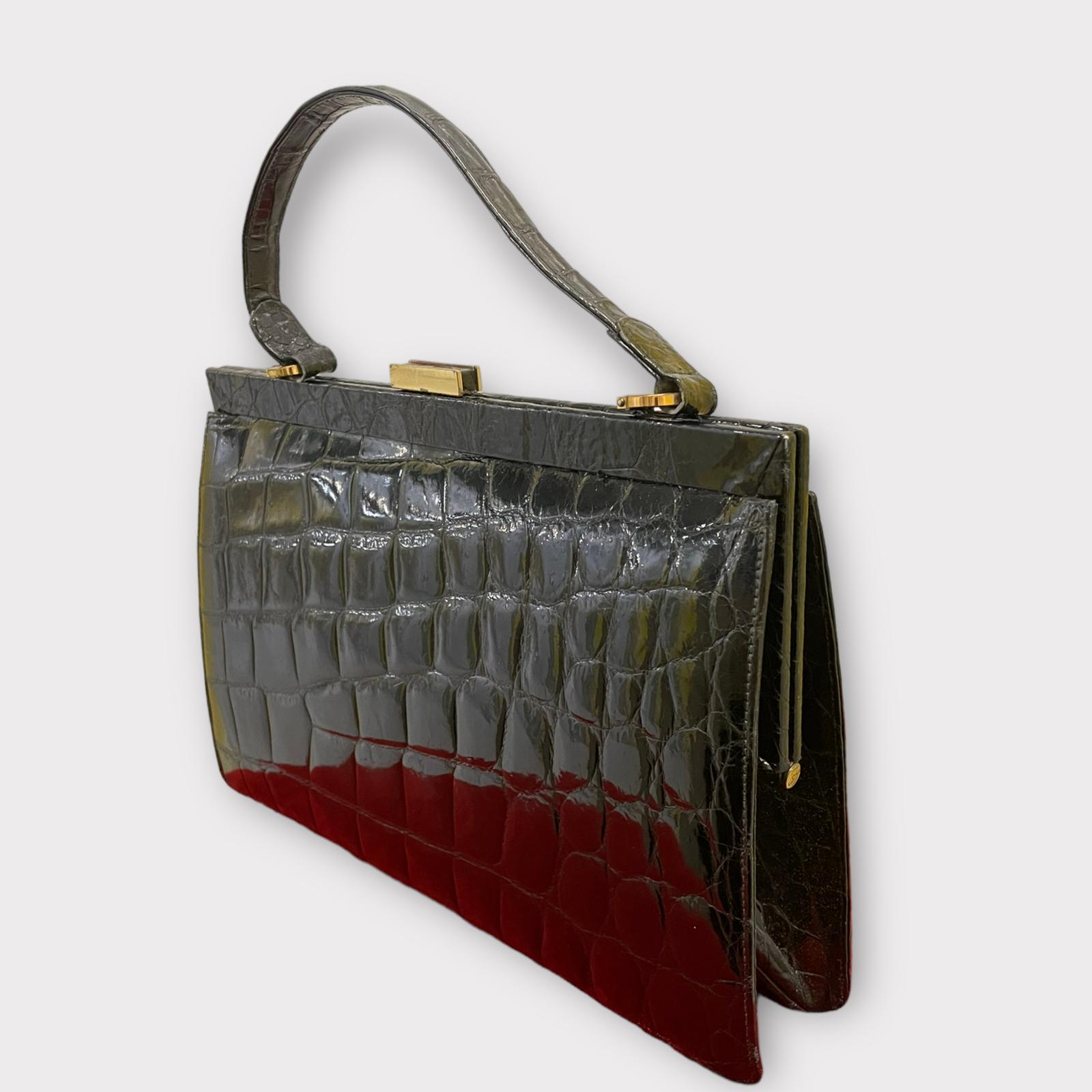 Large Black Patent Faux Crocodile Leather Handbag 1970s (1 of 8)