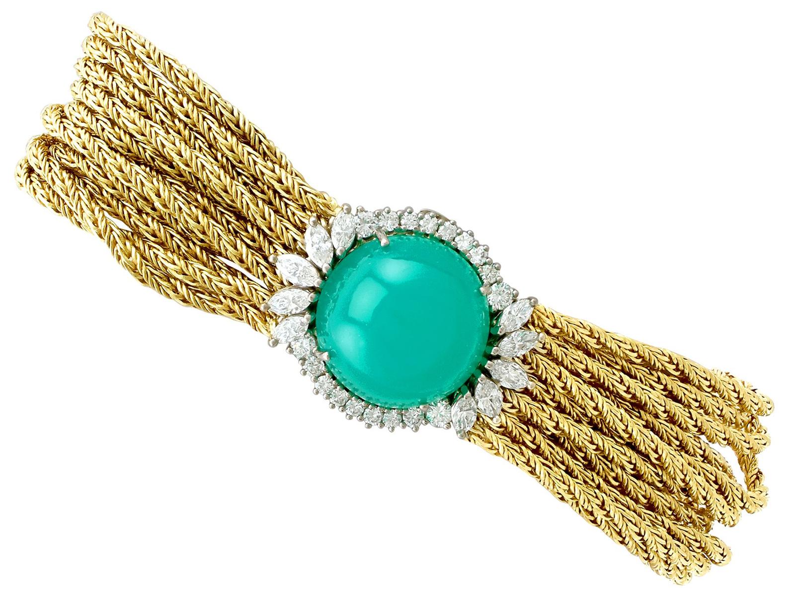 Vintage 12.16ct Chrysoprase & 2.42ct Diamond, 18ct Yellow Gold Bracelet c.1960 (1 of 13)