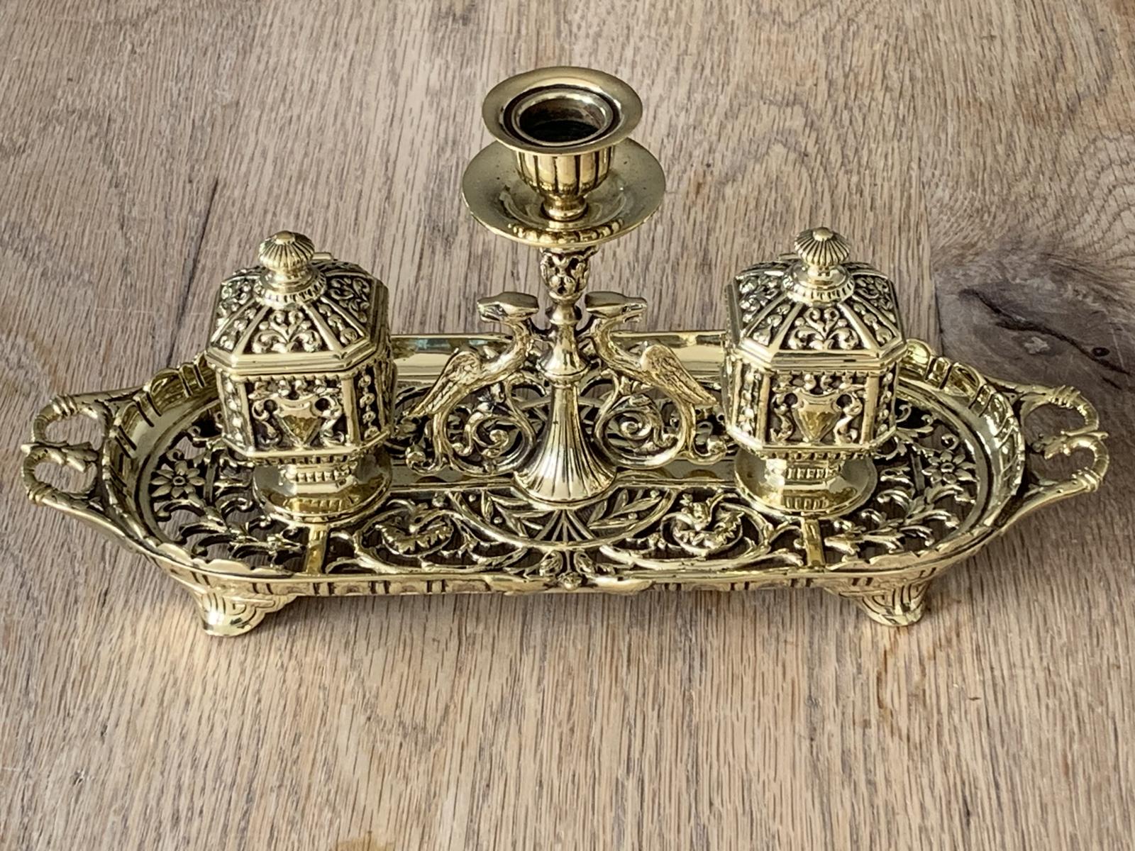 Fine William Tonks & Sons Brass Inkwell Registered Diamond for 1883 Double Inkstand (1 of 9)