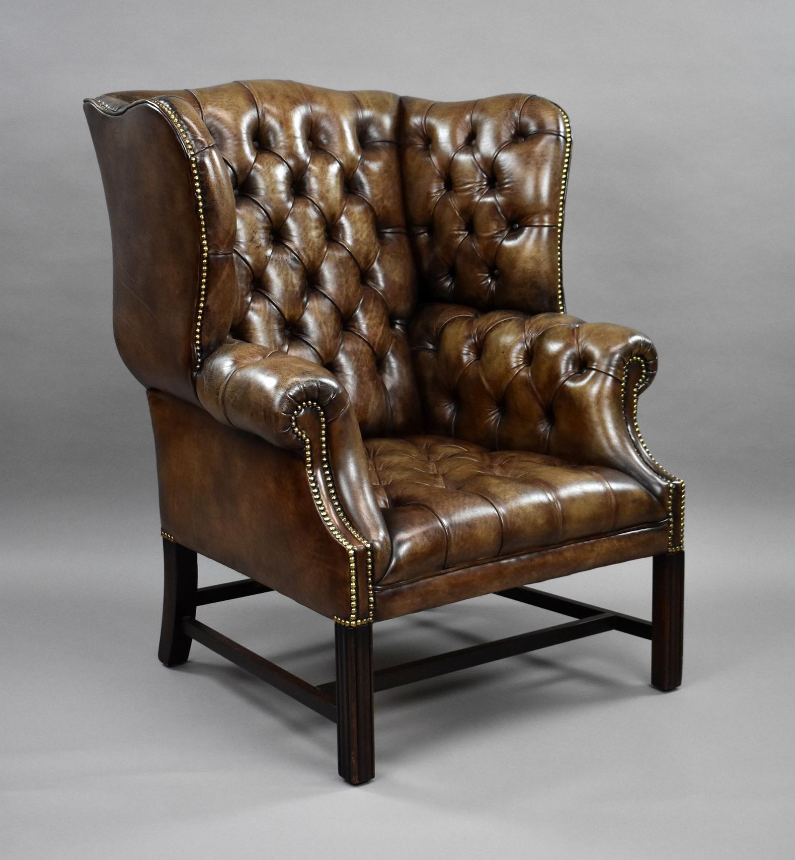 Antique Hand Dyed Leather Wing Back Armchair (1 of 9)