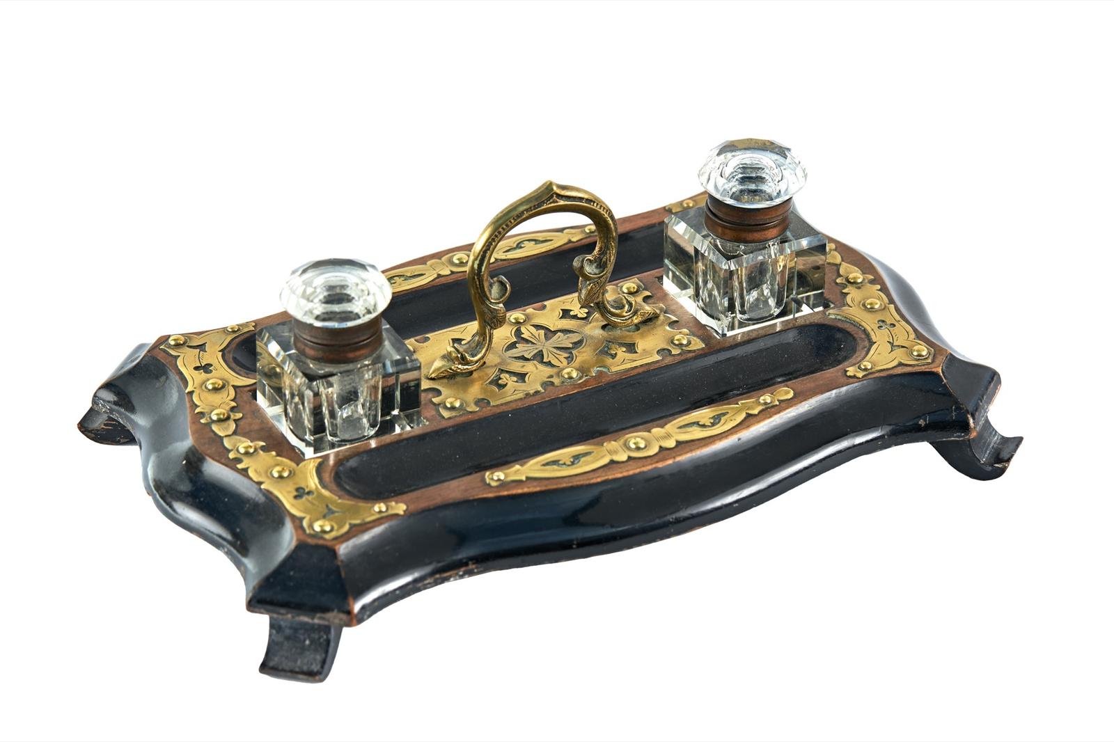 Antique Victorian Walnut & Ebonised Brass Mounted Inkstand (1 of 7)