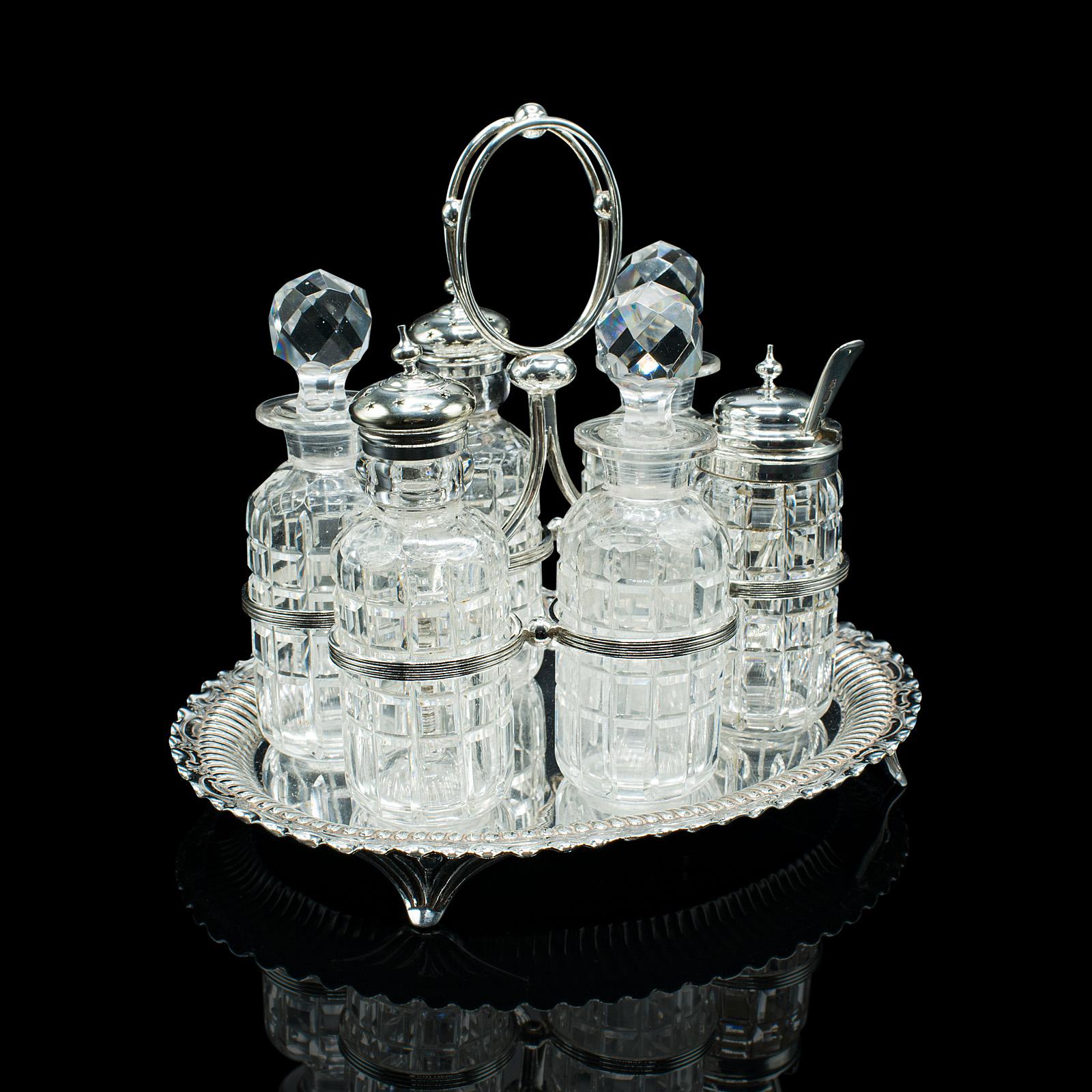 Antique Table Condiment Set, English, Silver Plate, Glass, Cruet