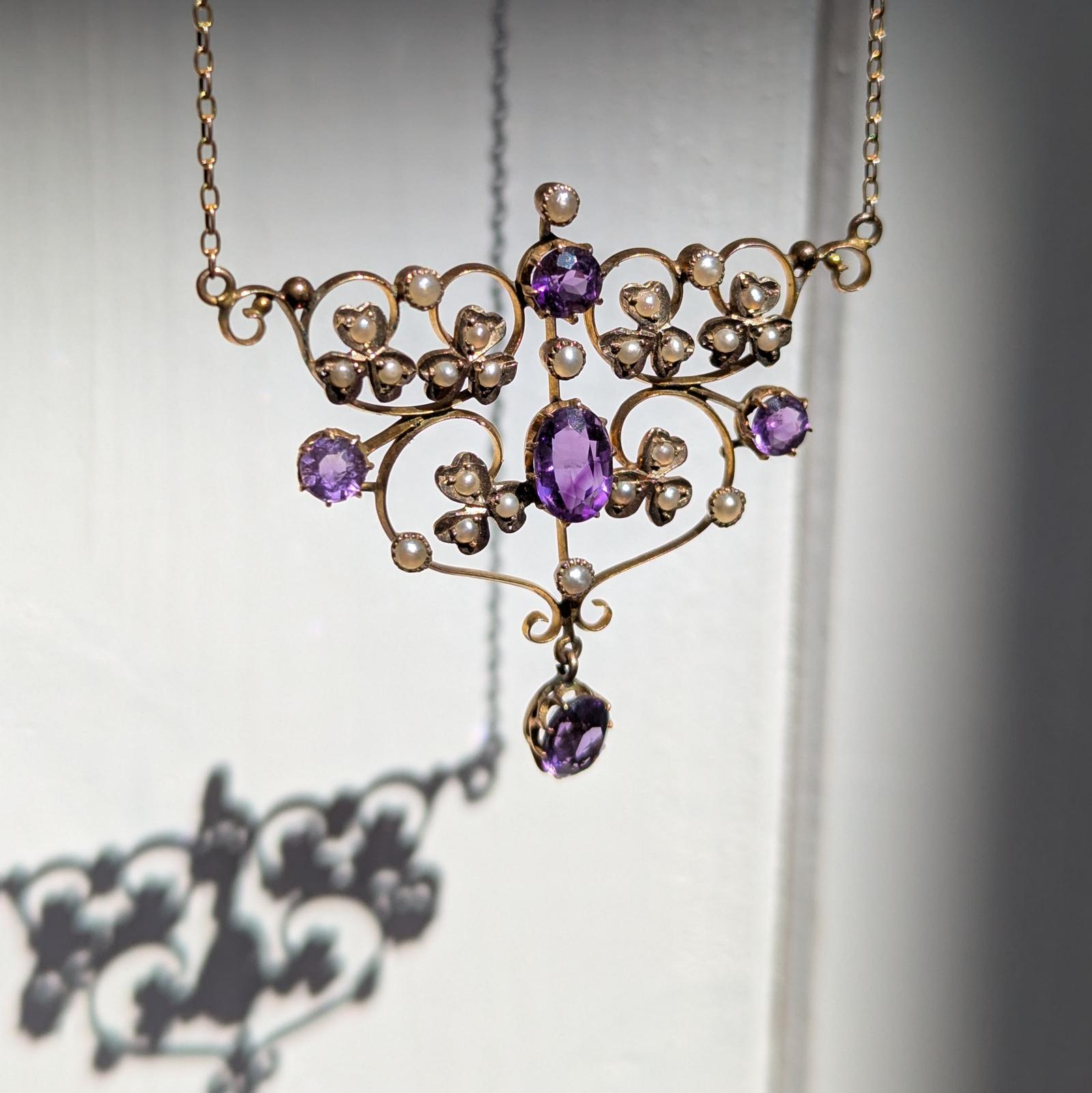 Edwardian Amethyst & Pearl 9ct Gold Pendant (1 of 5)