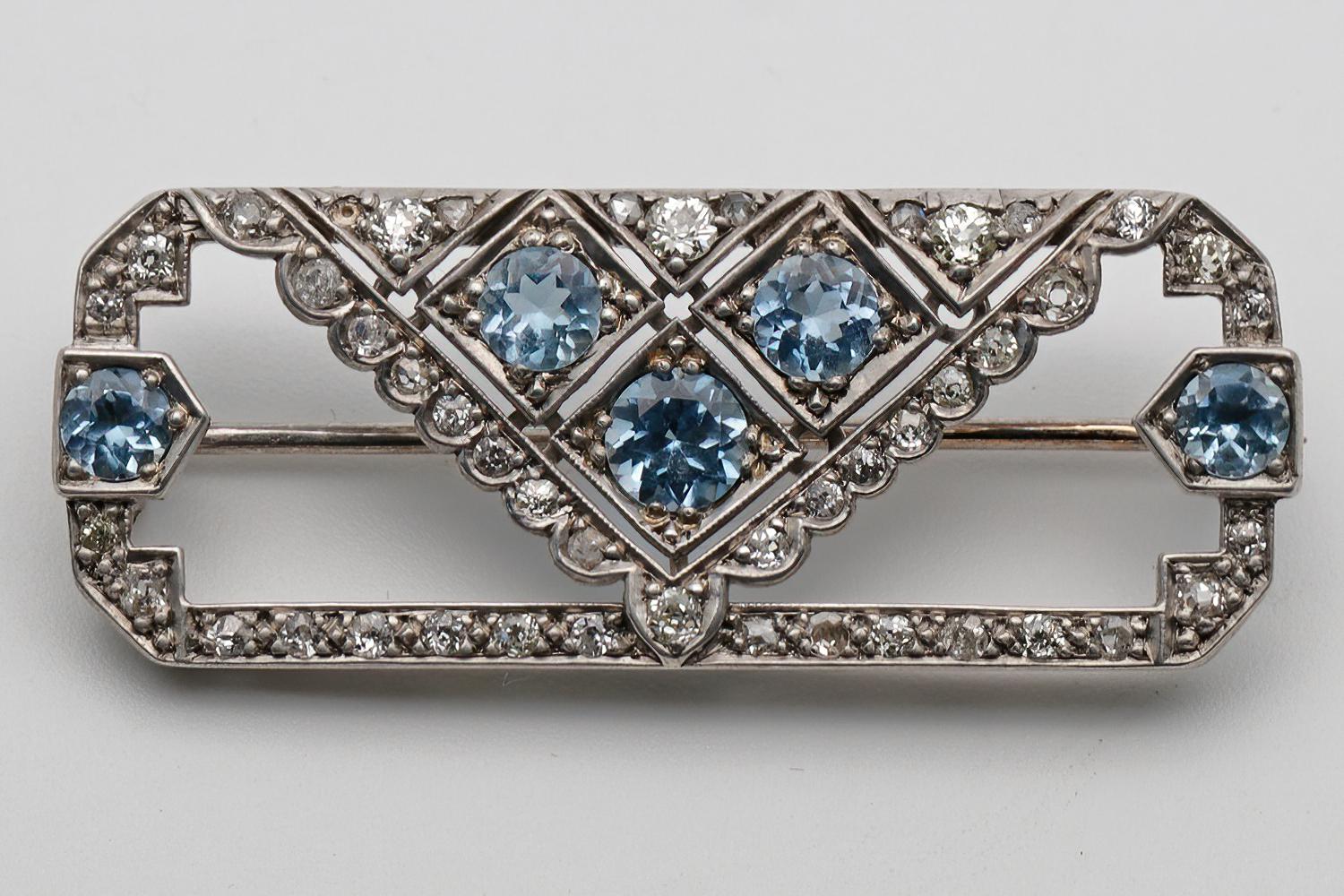 Art Deco Silver and Gold, Aquamarine and Diamond Geometric Brooch. (1 of 3)