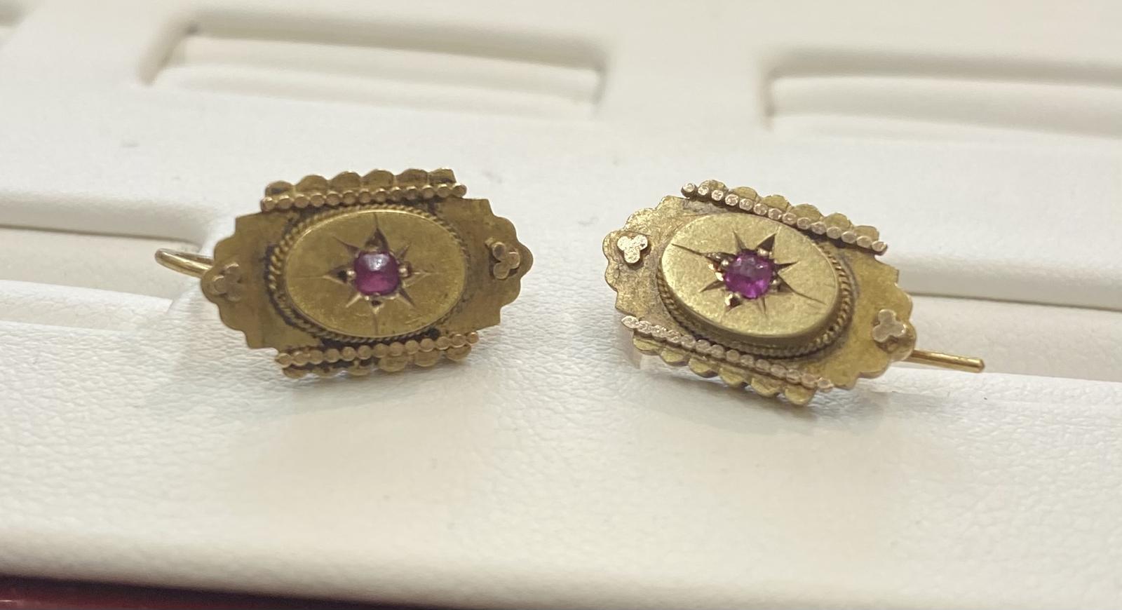 Pair of Late Victorian Yellow Metal and Ruby Earrings (1 of 3)