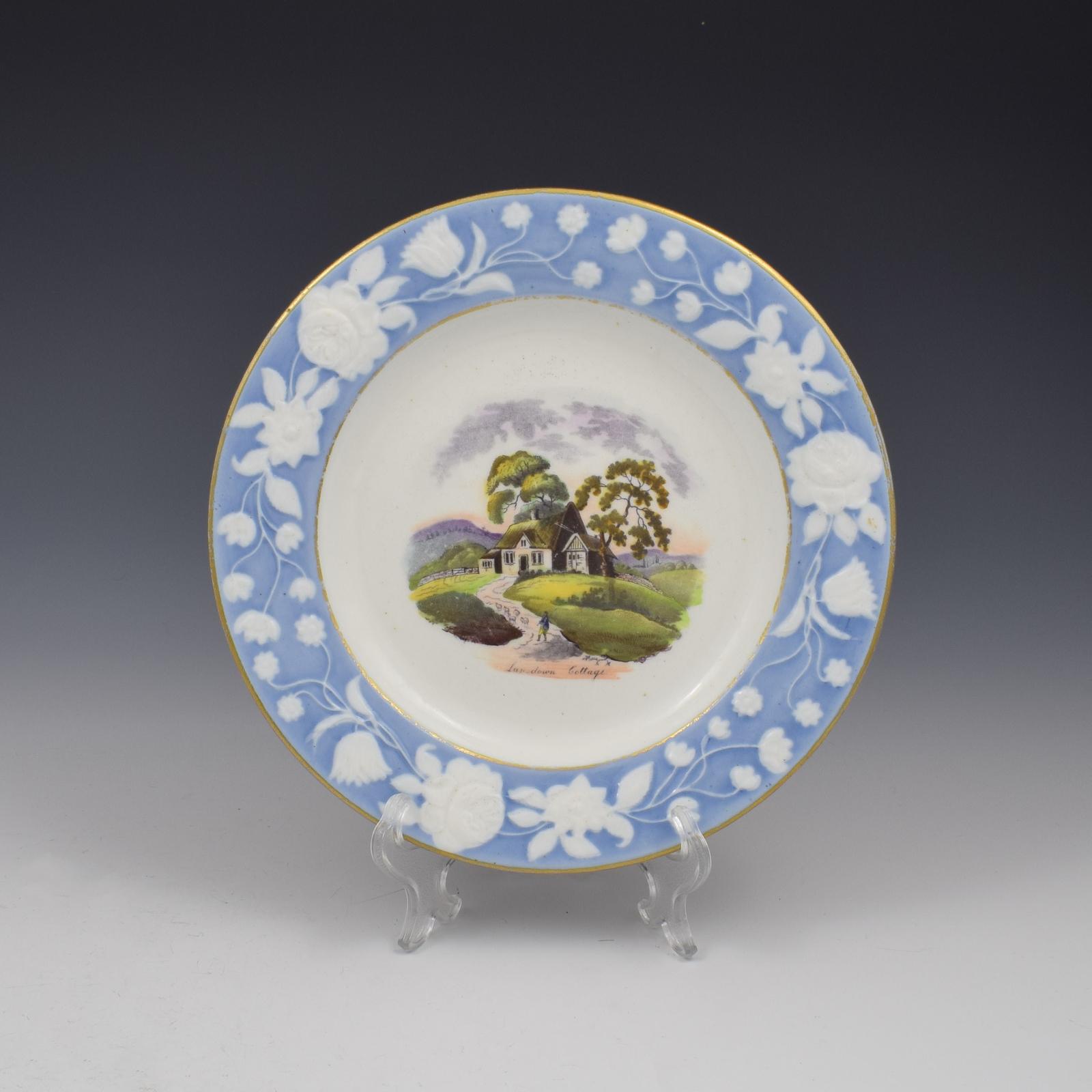 Georgian New Hall Porcelain Landscape Dessert Plate Lansdown Cottage c.1815 (1 of 4)