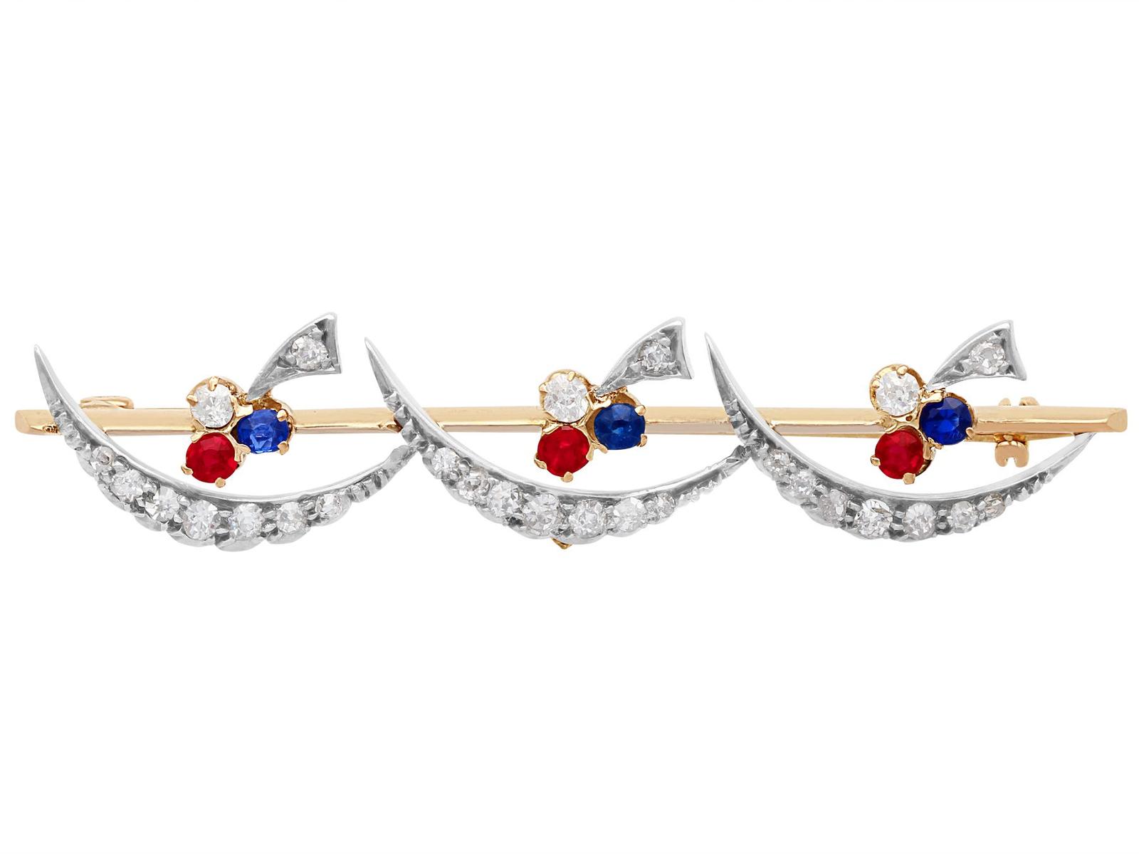 Antique Victorian 0.52ct Diamond, 0.24ct Ruby & Sapphire, 9ct Yellow Gold Bar Brooch (1 of 12)