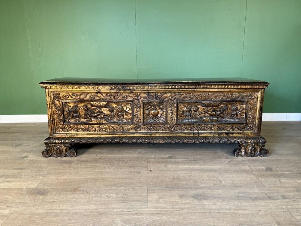 Rare Early 17th Century Walnut Gilded Italian Cassone (1 of 10)