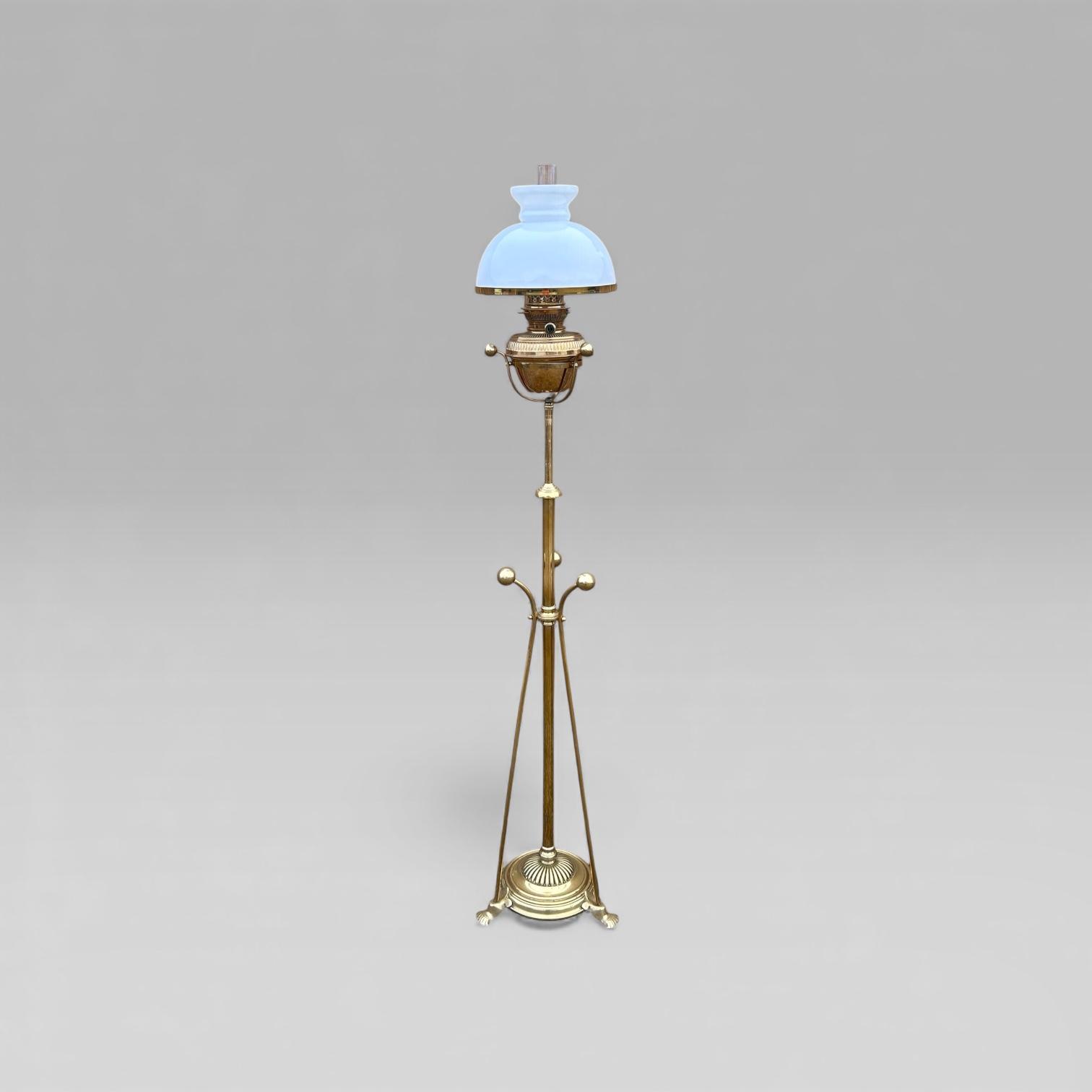 Antique Floor Standing Brass Pole Oil Lamp with White Glass Shade & Tripod Base (1 of 12) Antique Floor Standing Brass Pole Oil Lamp with White Glass Shade & Tripod Base (1 of 12)