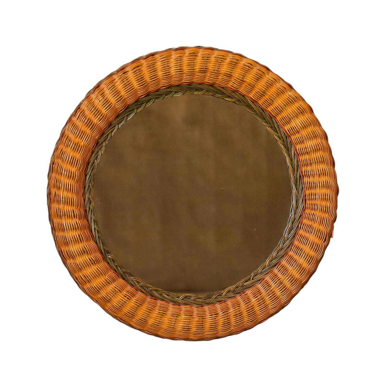 French Mid‑Century Wicker Round Mirror, c.1960 - Green & Red Accent Rings (1 of 6)