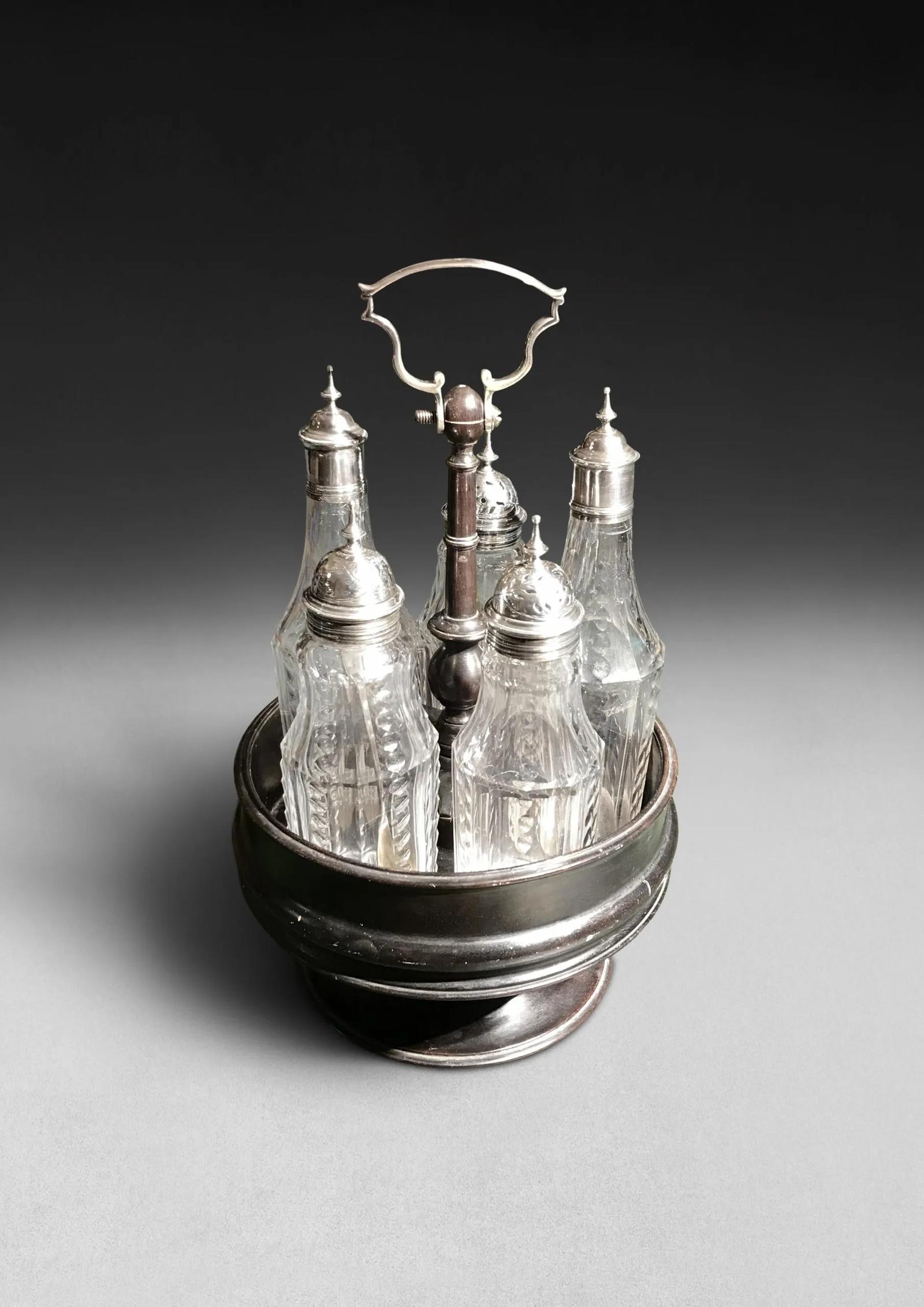 George III Ebonised Cruet Stand with Silver Mounted Glass Bottles (1 of 3)