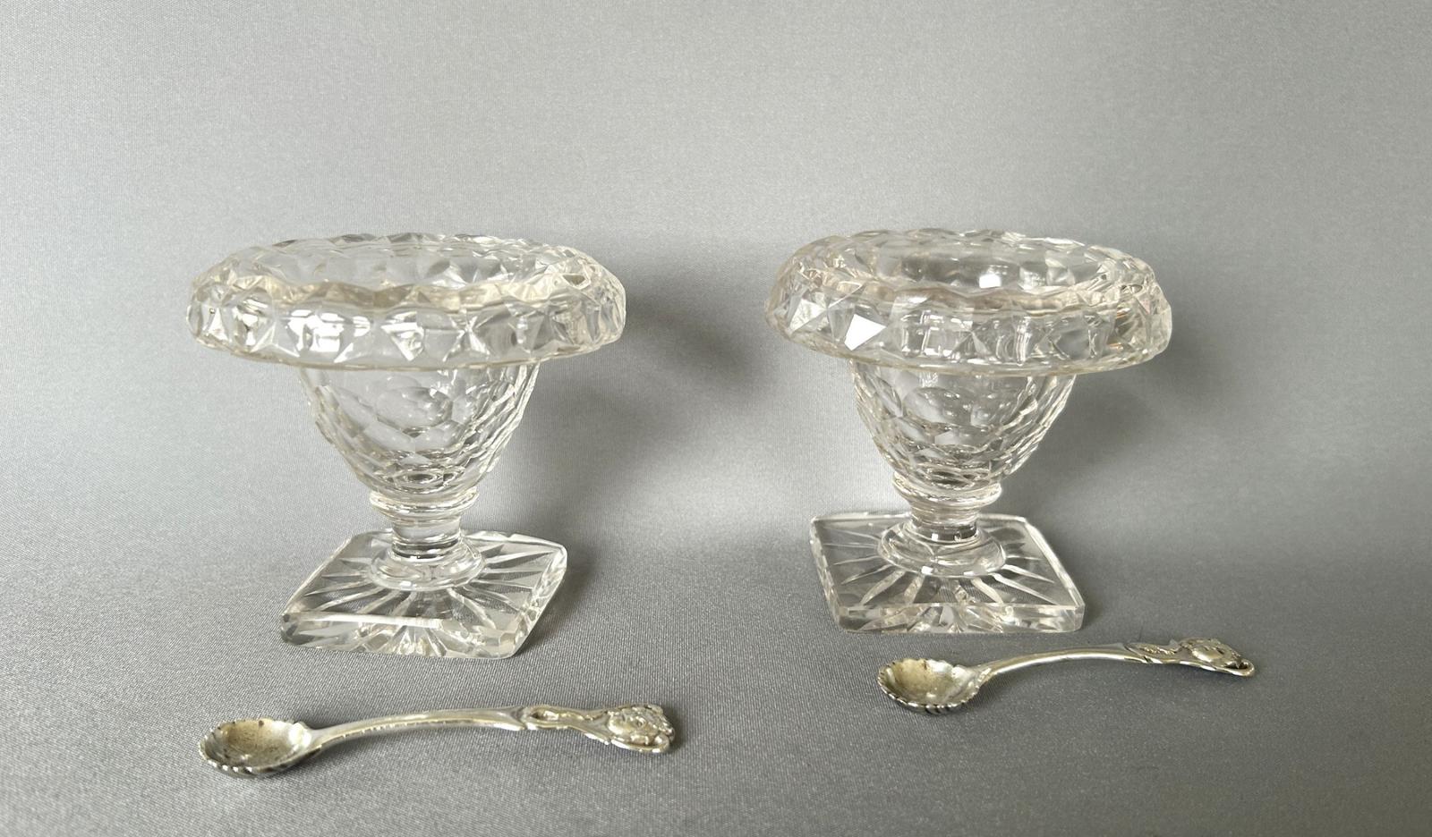 Superb Pair of Victorian Cut Glass Condiment Bowls & Silver Spoons (1 of 8)