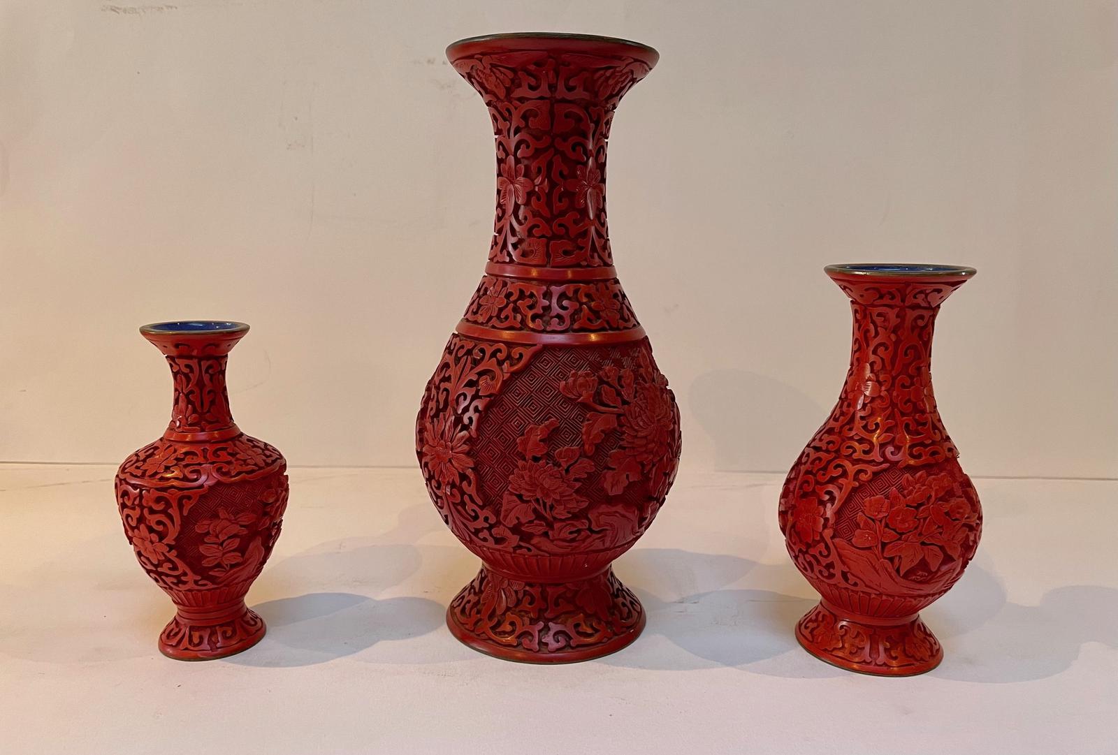 Three Chinese Carved Lacquer Vases (1 of 4) Three Chinese Carved Lacquer Vases (1 of 4)